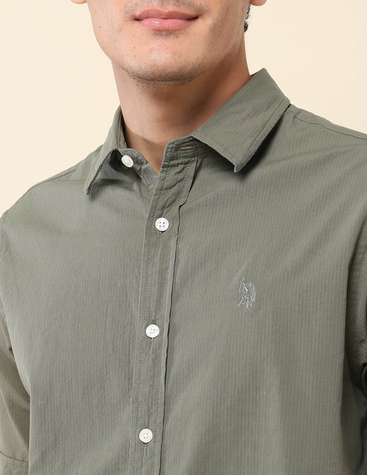 Textured Pure Cotton Shirt Olive - U.S. Polo Assn. India | Large