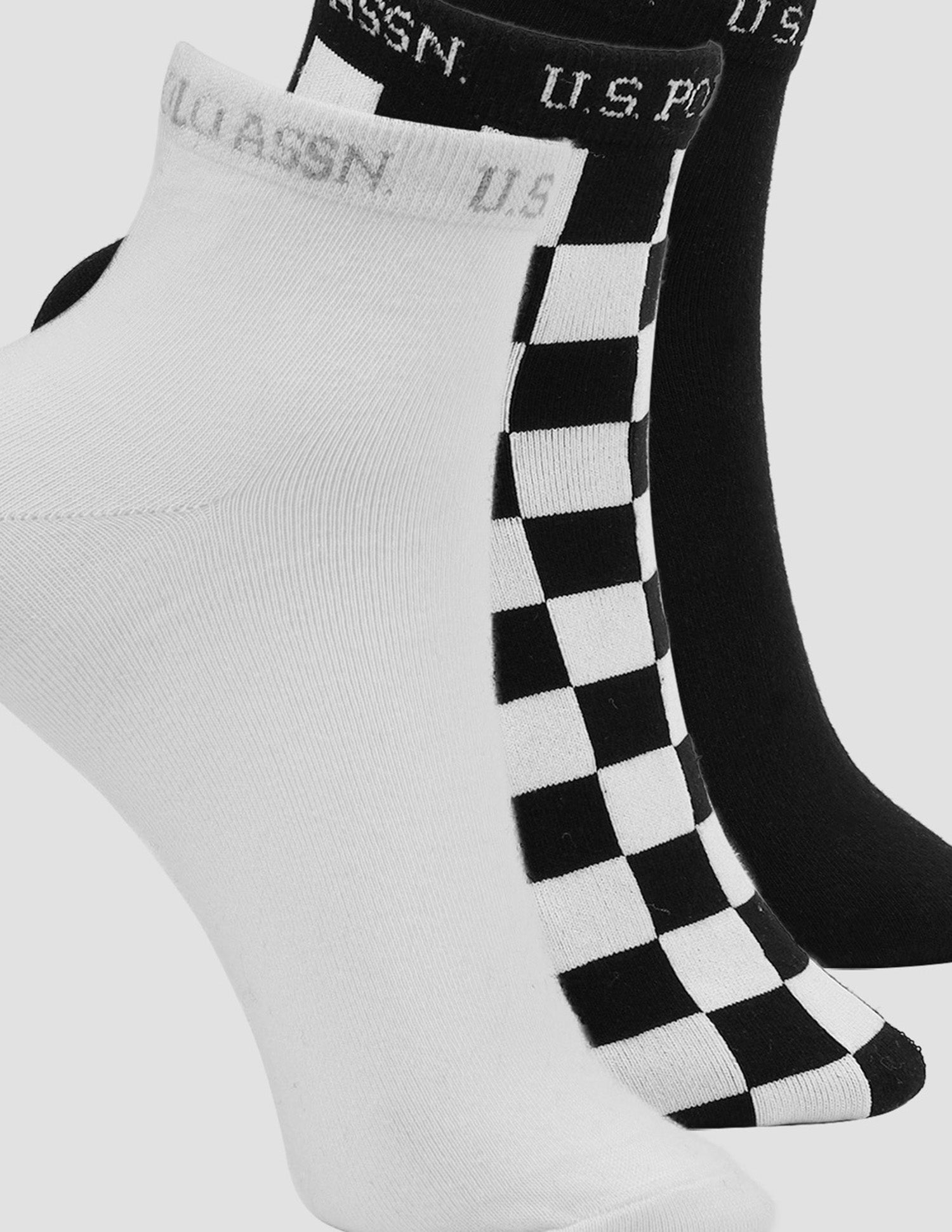 Ankle Length Cotton Stretch ES008 Socks - Pack Of 3 Black, Black, White - U.S. POLO ASSN. | Large