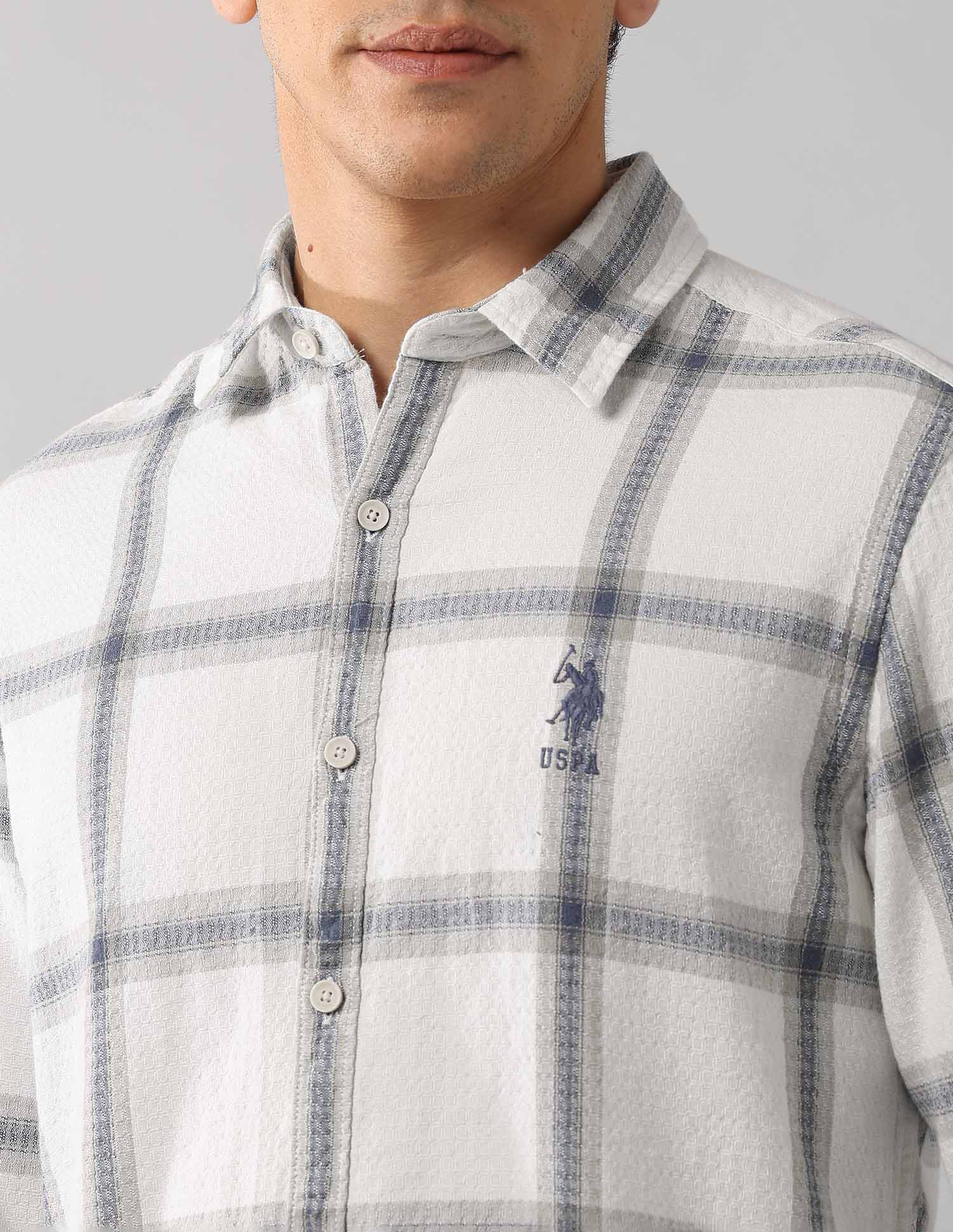 Grid Tattersall Checked Regular Fit Shirt Off White - U.S. Polo Assn. India | Large