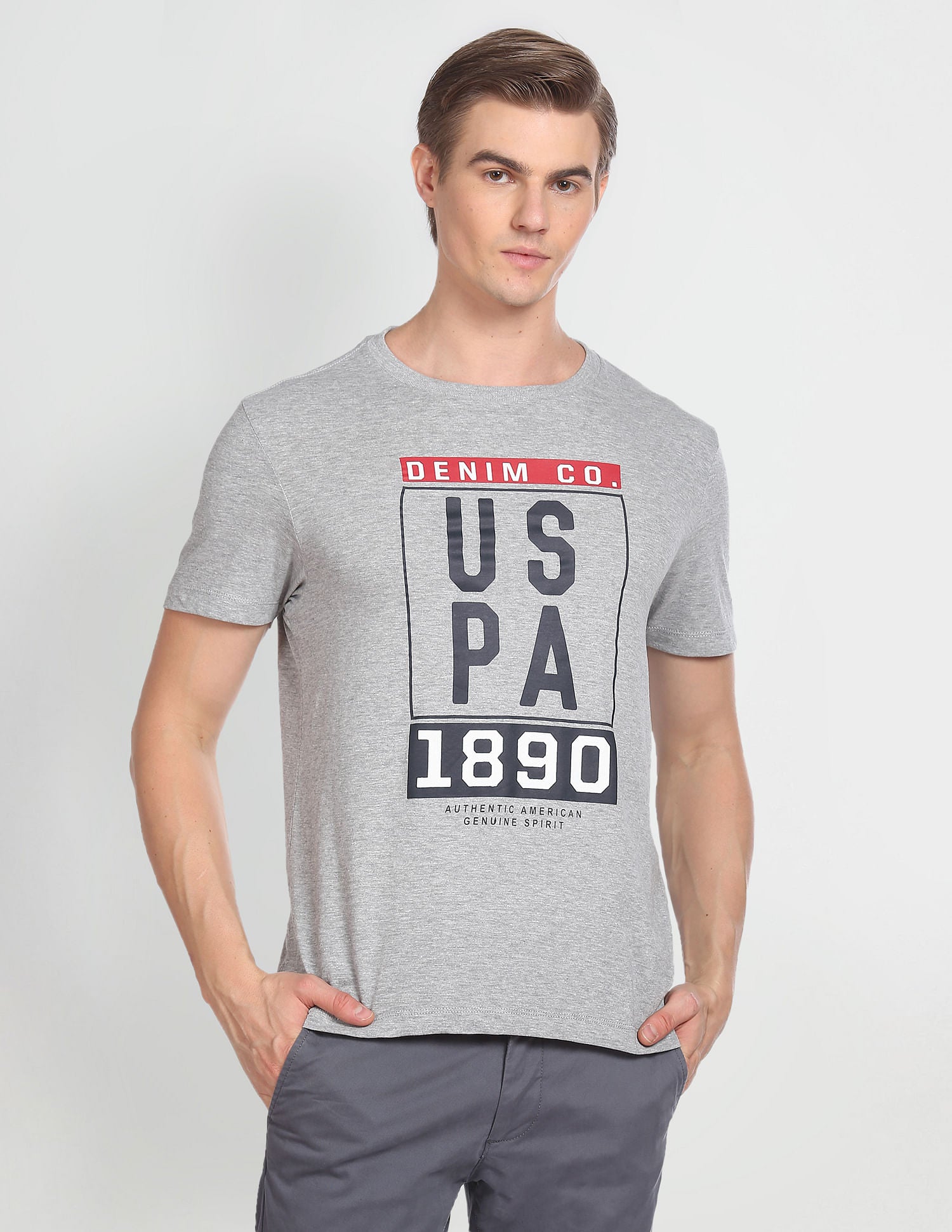 Crew Neck Short Sleeve Brand Print T-Shirt Grey - U.S. Polo Assn. India | Large