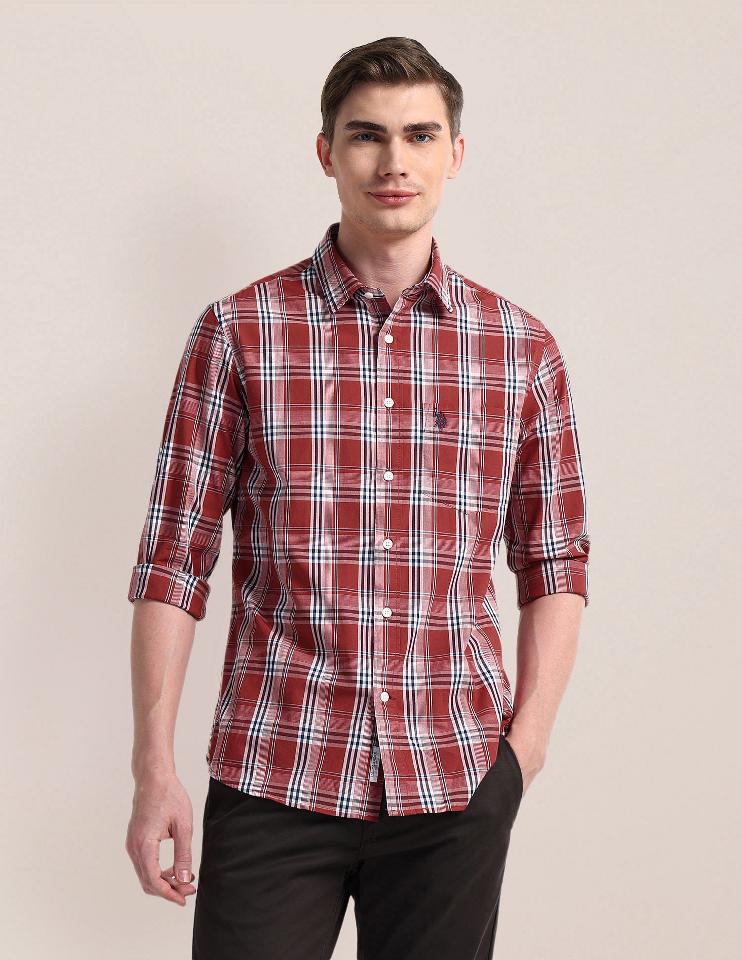 Cutaway Collar Premium Cotton Shirt Red - U.S. Polo Assn. India | Large