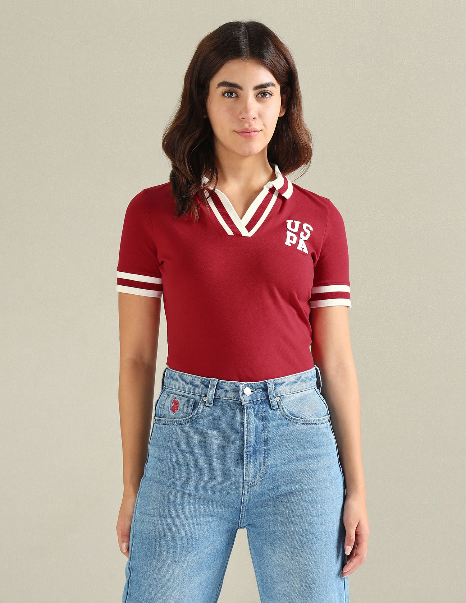 Striped Collar Pique Polo Shirt Red - U.S. POLO ASSN. | Large