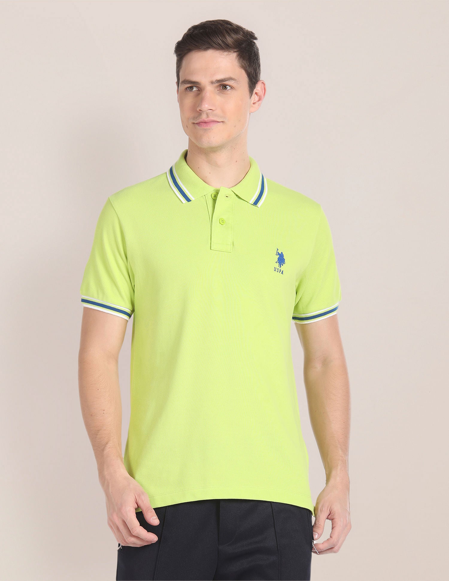 Striped Collar Solid Polo Shirt Green - U.S. POLO ASSN. | Large