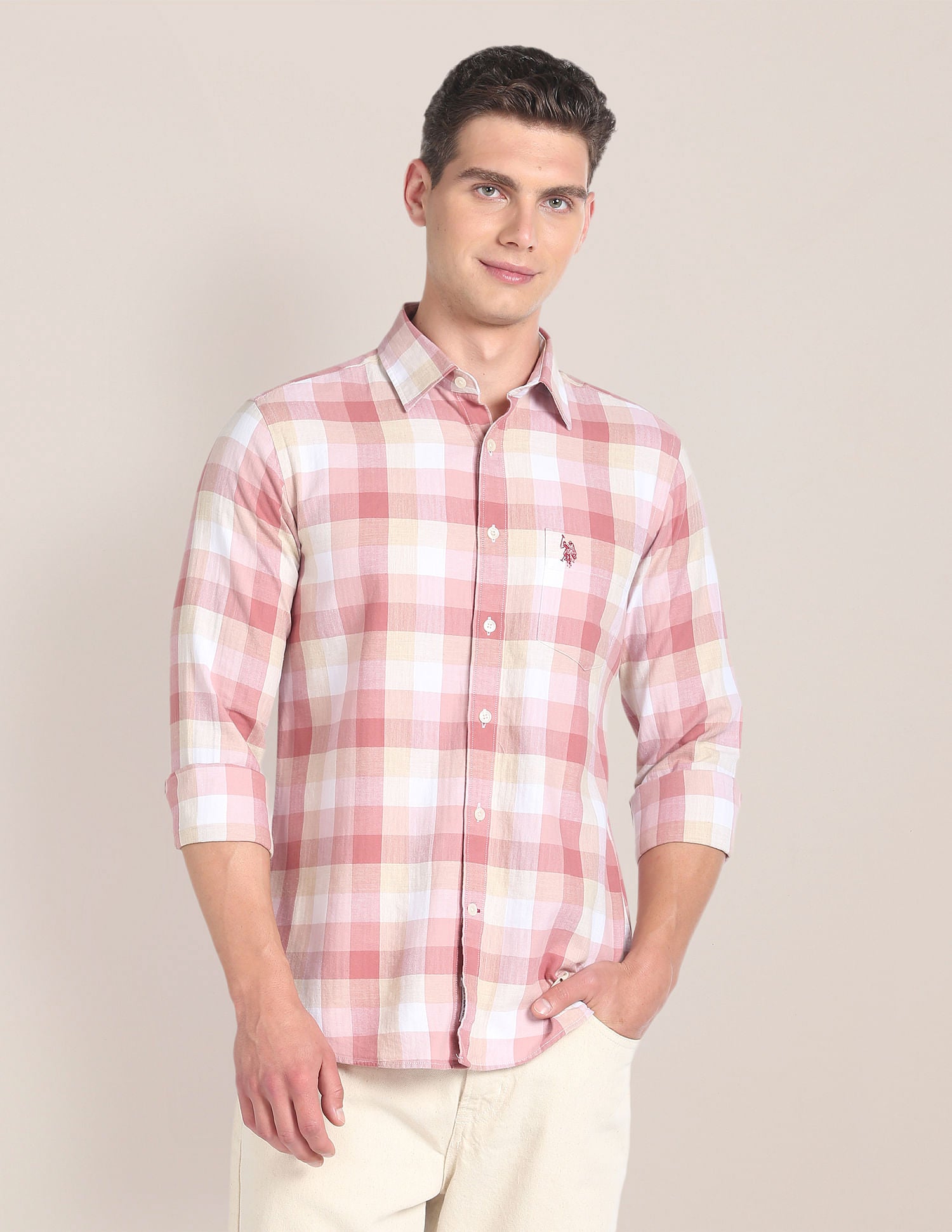 Plaid Check Premium Cotton Shirt Peach - U.S. Polo Assn. India | Large