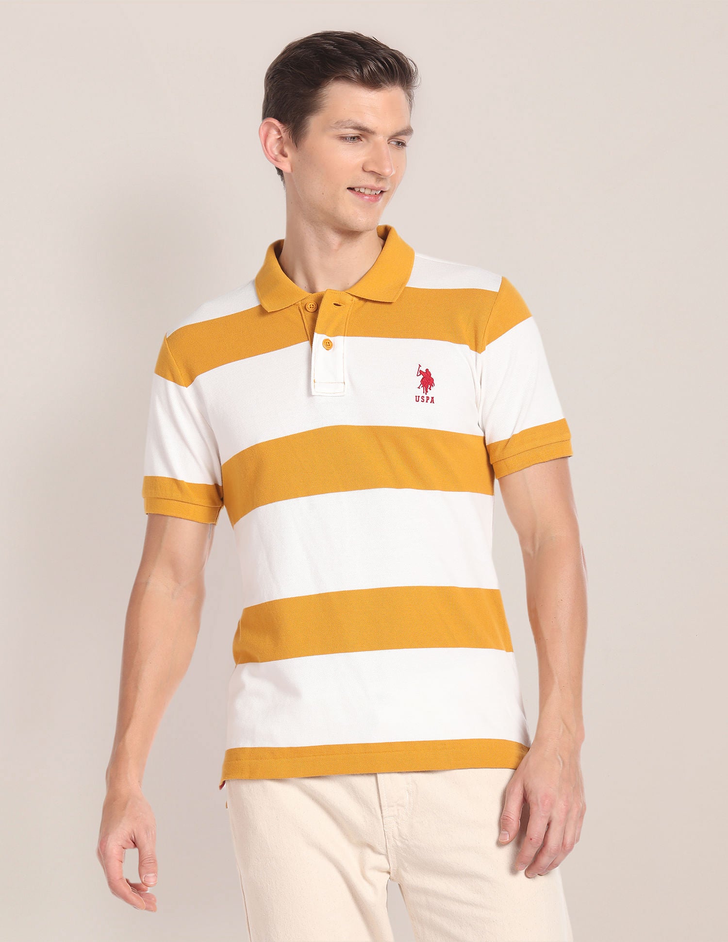 Horizontal Stripe Cotton Polo Shirt Mustard and Off White - U.S. POLO ASSN. | Large
