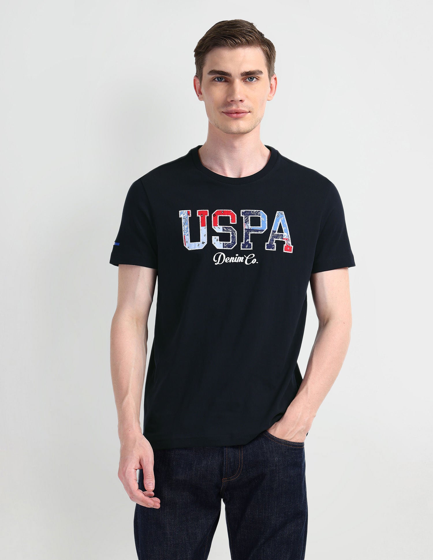 Brand Printed Cotton T-Shirt Navy - U.S. Polo Assn. India | Large
