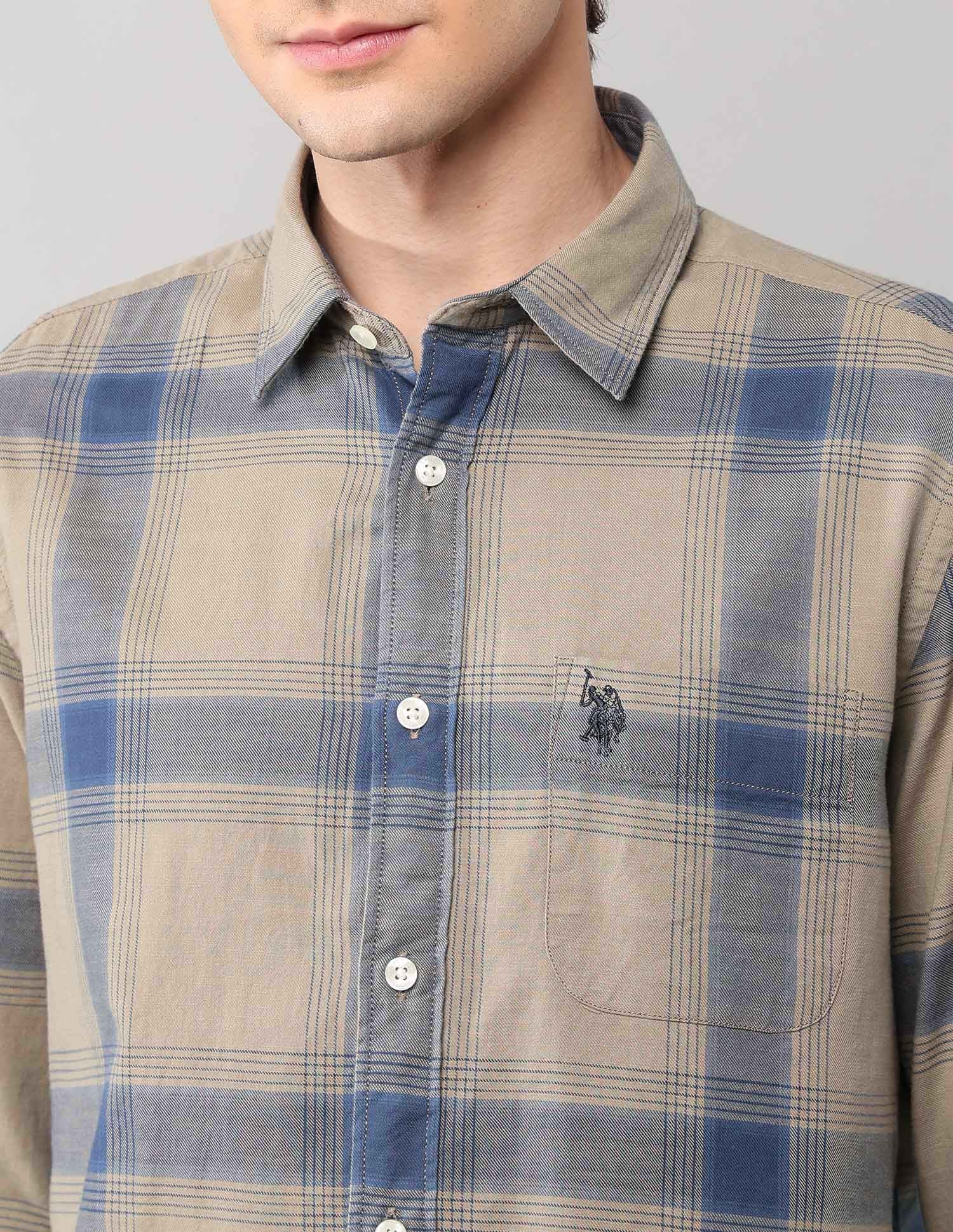 Windowpane Checked Pure Cotton Shirt Khaki - U.S. Polo Assn. India | Large