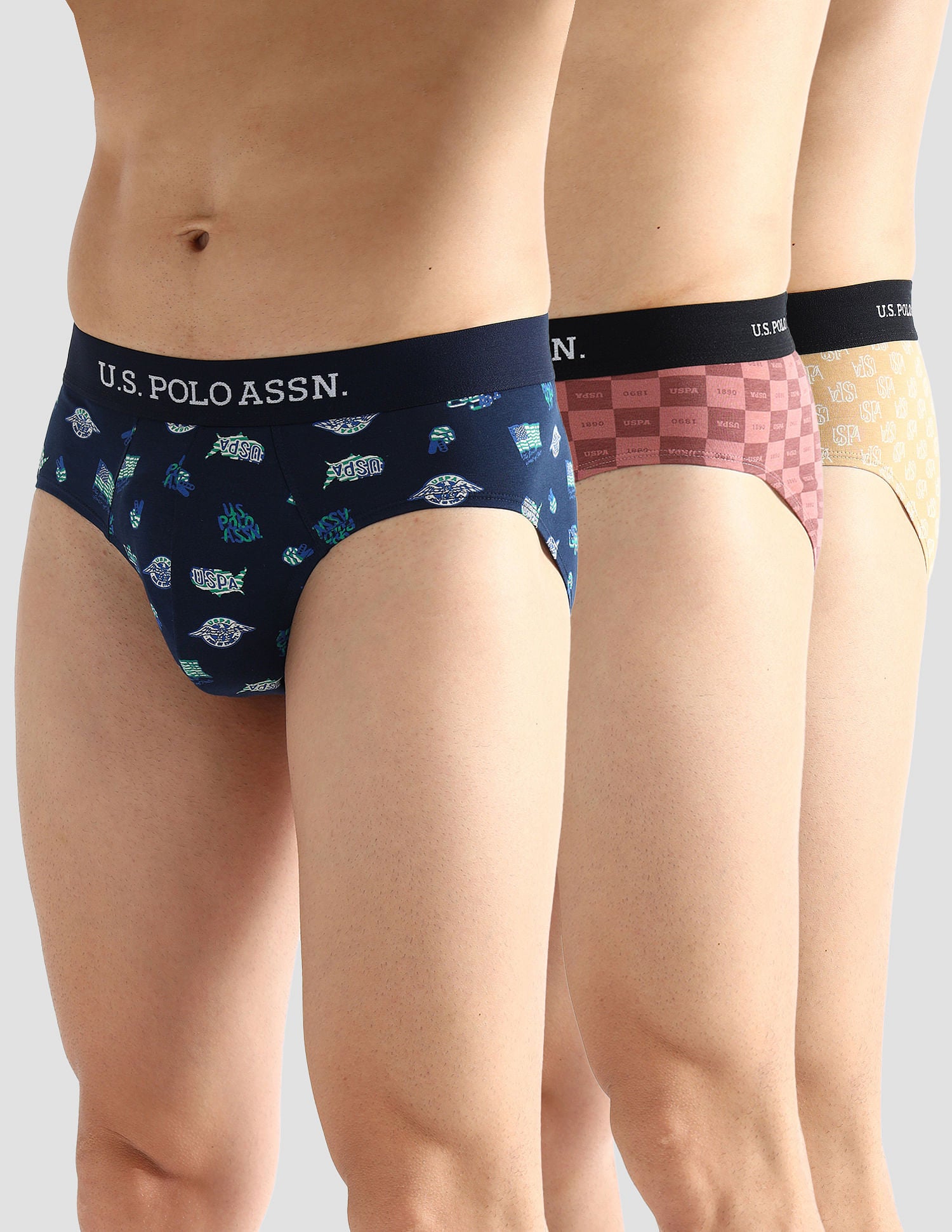 Elasticized Waist Solid OEB14 Briefs - Pack Of 3 Iced Coffee, Navy and Old Rose - U.S. POLO ASSN. | Large