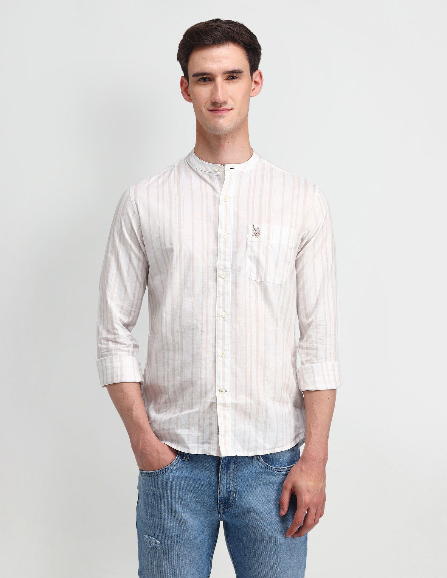 Mandarin Collar Slim Fit Shirt Ivory - U.S. Polo Assn. India | Large