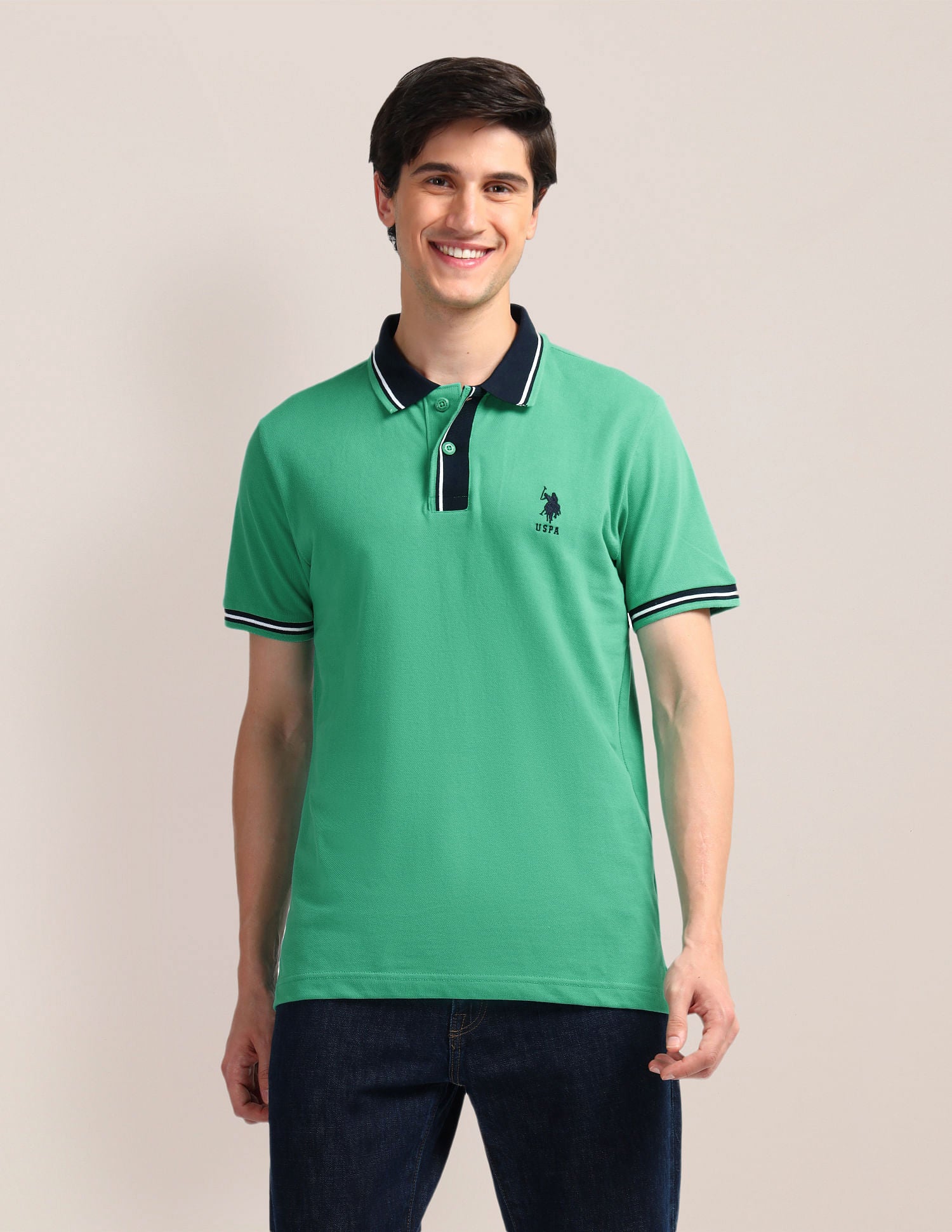 Contrast Collar Slim Polo Shirt Green - U.S. POLO ASSN. | Large