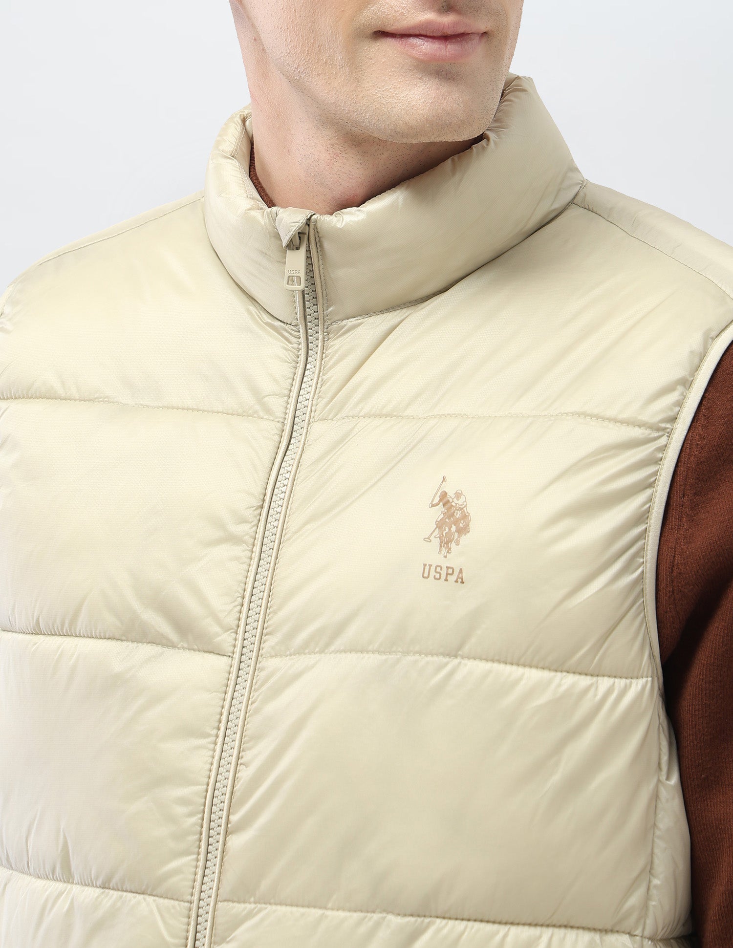 Solid Regular Fit Puffer Sleeveless Jacket Ecru - U.S. Polo Assn. India | Large