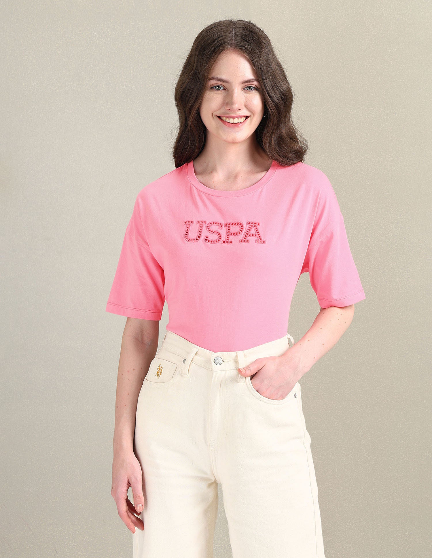 Cutwork Logo Cotton T-Shirt Pink - U.S. POLO ASSN. | Large