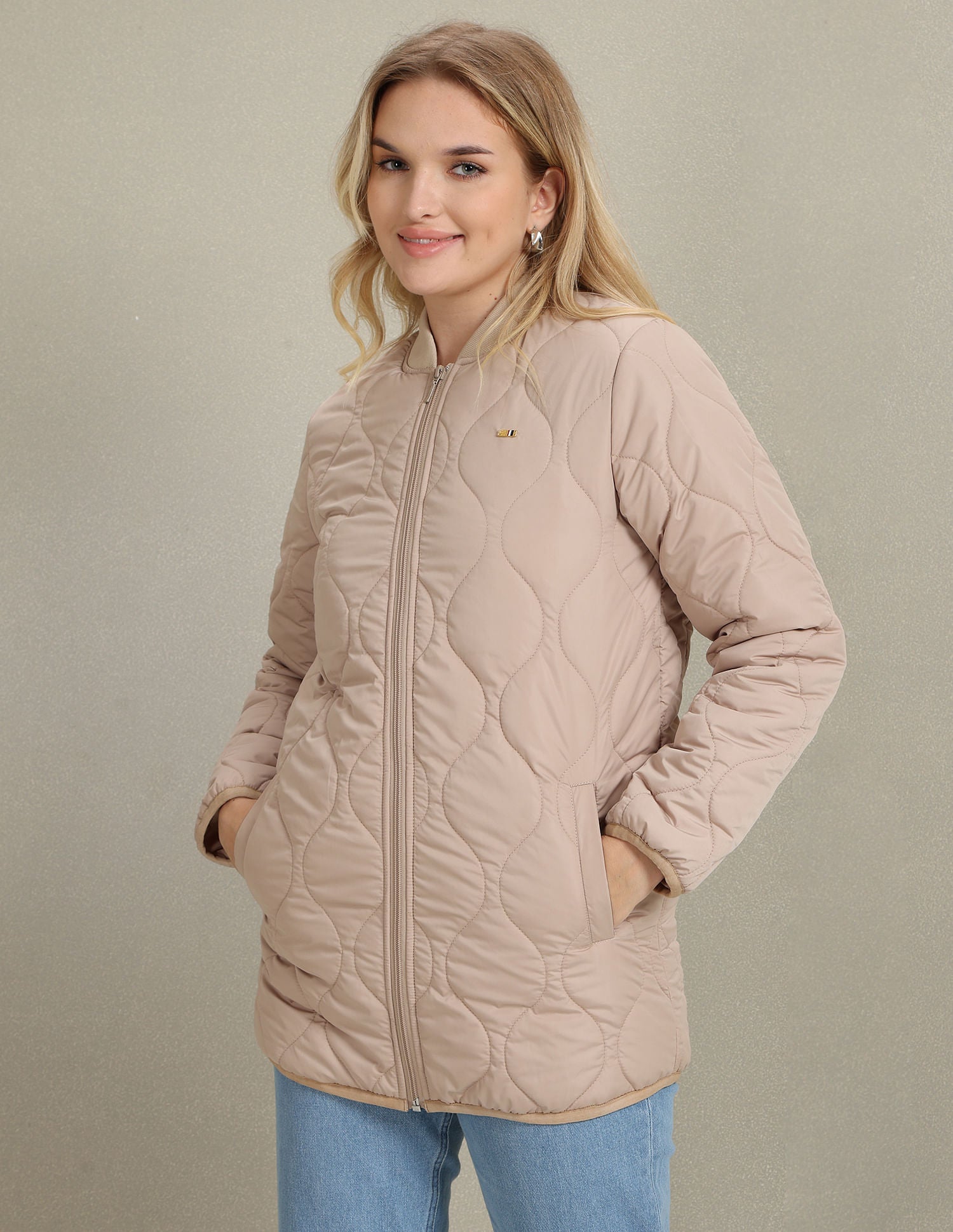 Stand Collar Longline Quilted Jacket Beige - U.S. POLO ASSN. | Large