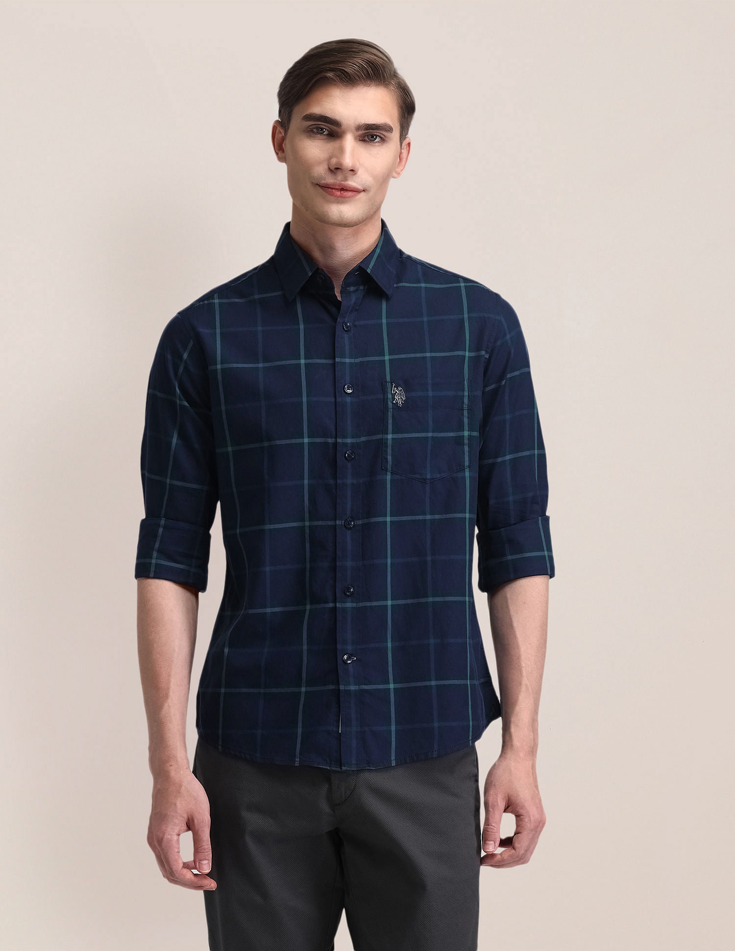 Windowpane Checked Tailored Fit Shirt Navy - U.S. Polo Assn. India | Large