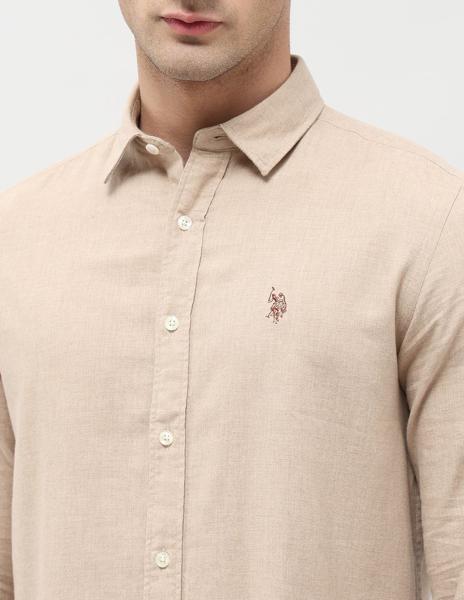 Twill Solid Regular Fit Shirt Beige - U.S. POLO ASSN. | Large