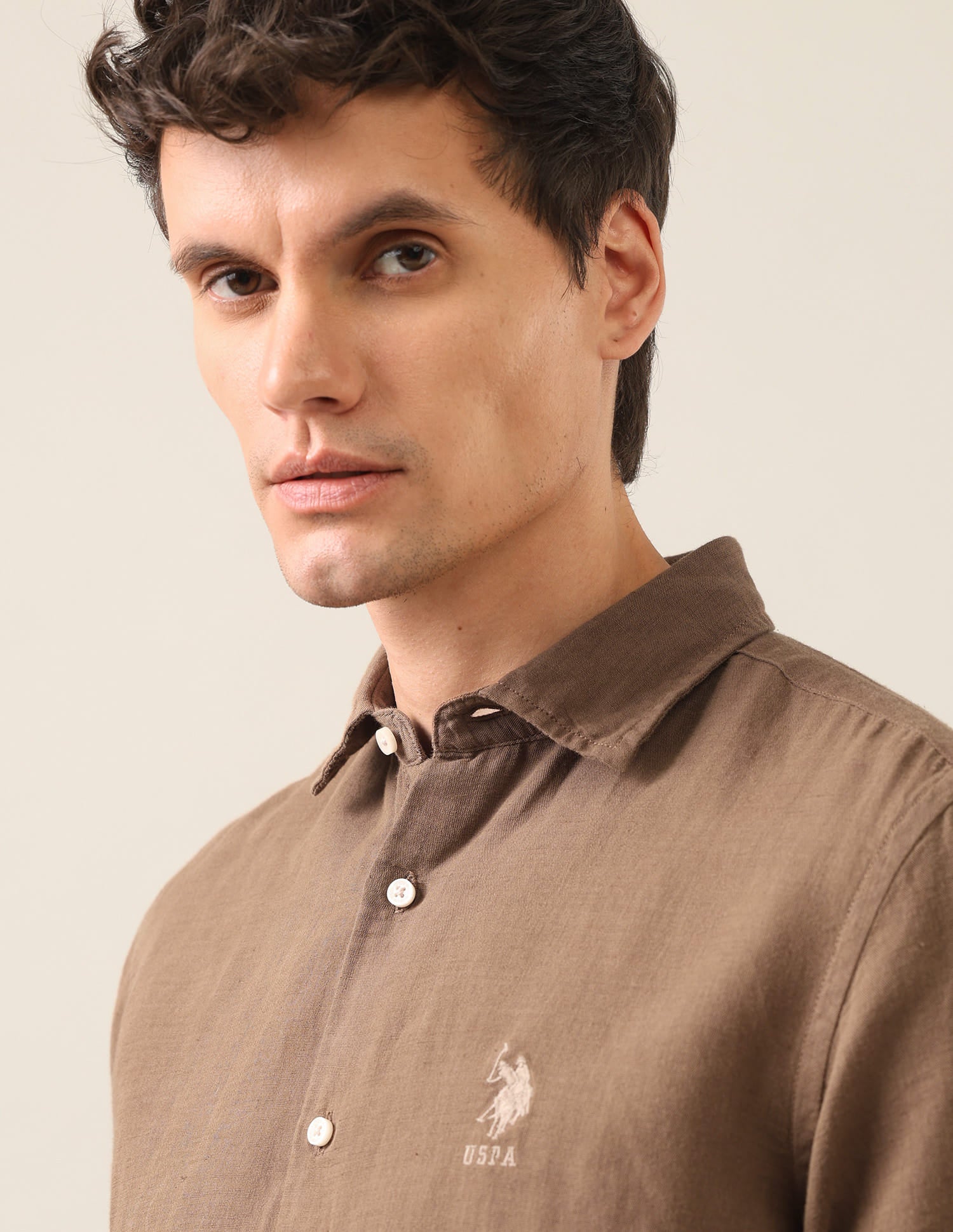 Solid Regular Fit Shirt Khaki - U.S. Polo Assn. India | Large
