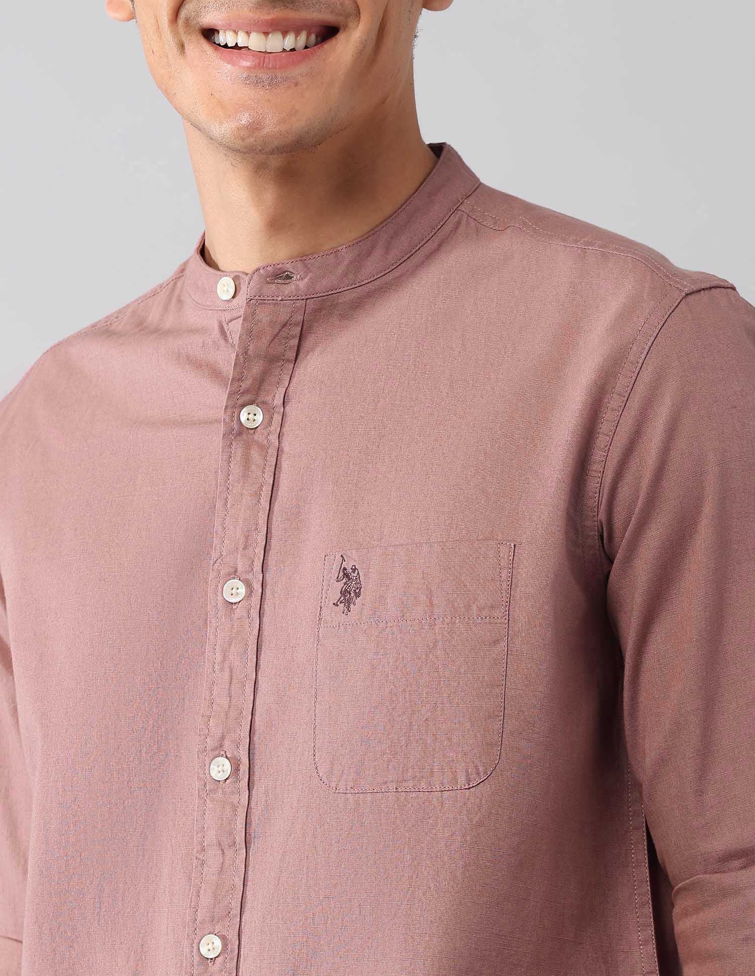 Solid Regular Fit Mandarin Shirt Pink - U.S. Polo Assn. India | Large