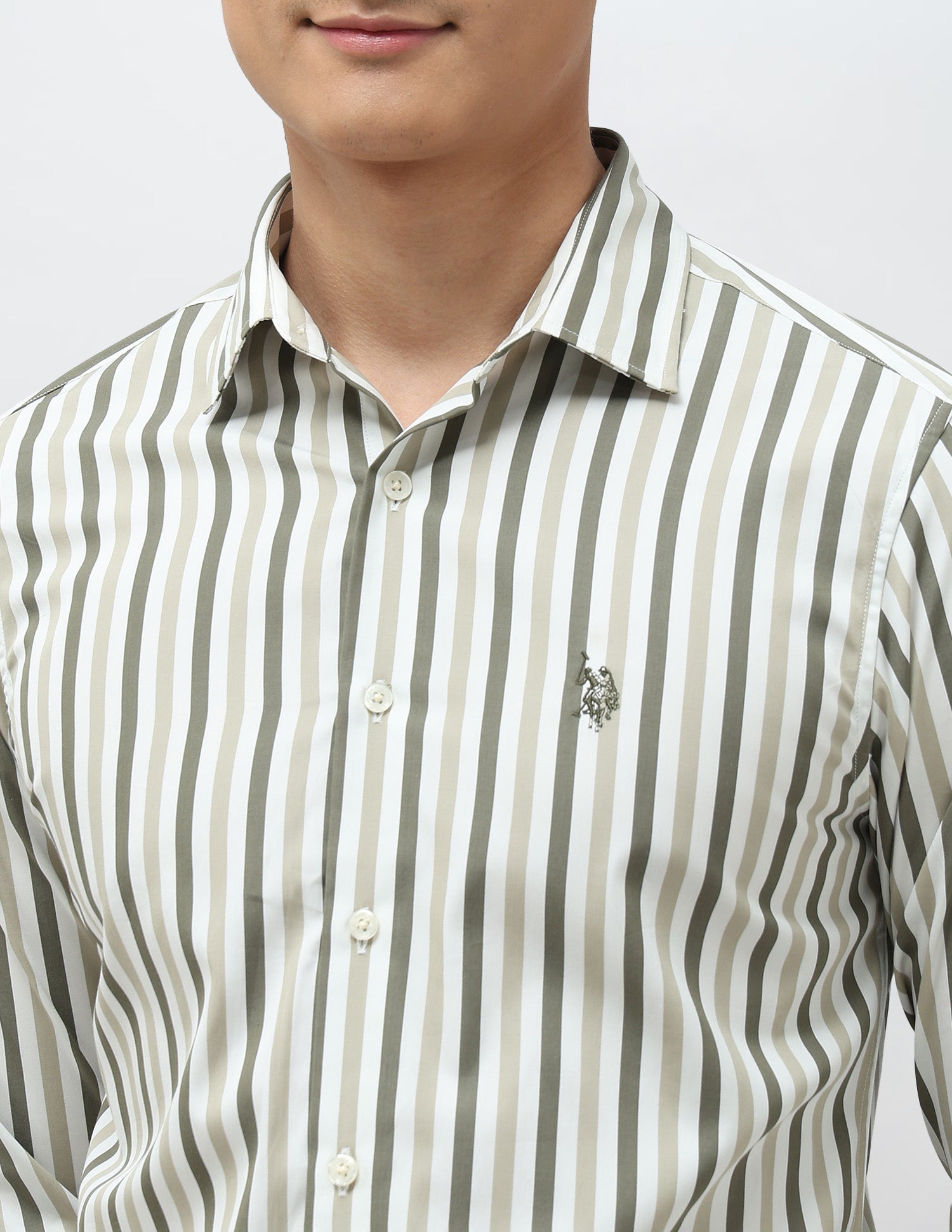 Vertical Striped Pure Cotton Shirt Olive - U.S. POLO ASSN. | Large