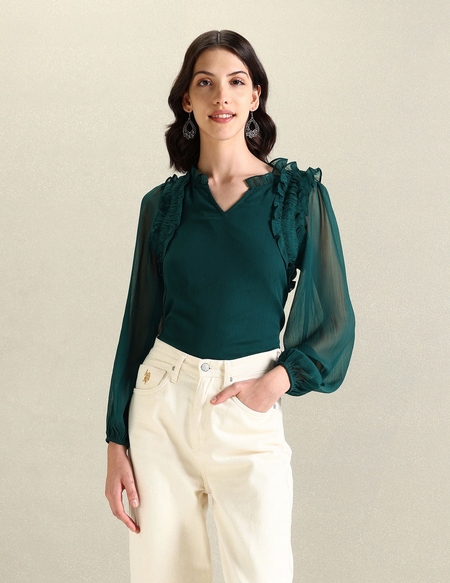 V-Neck Ruffled Neck Top Green - U.S. Polo Assn. India | Large