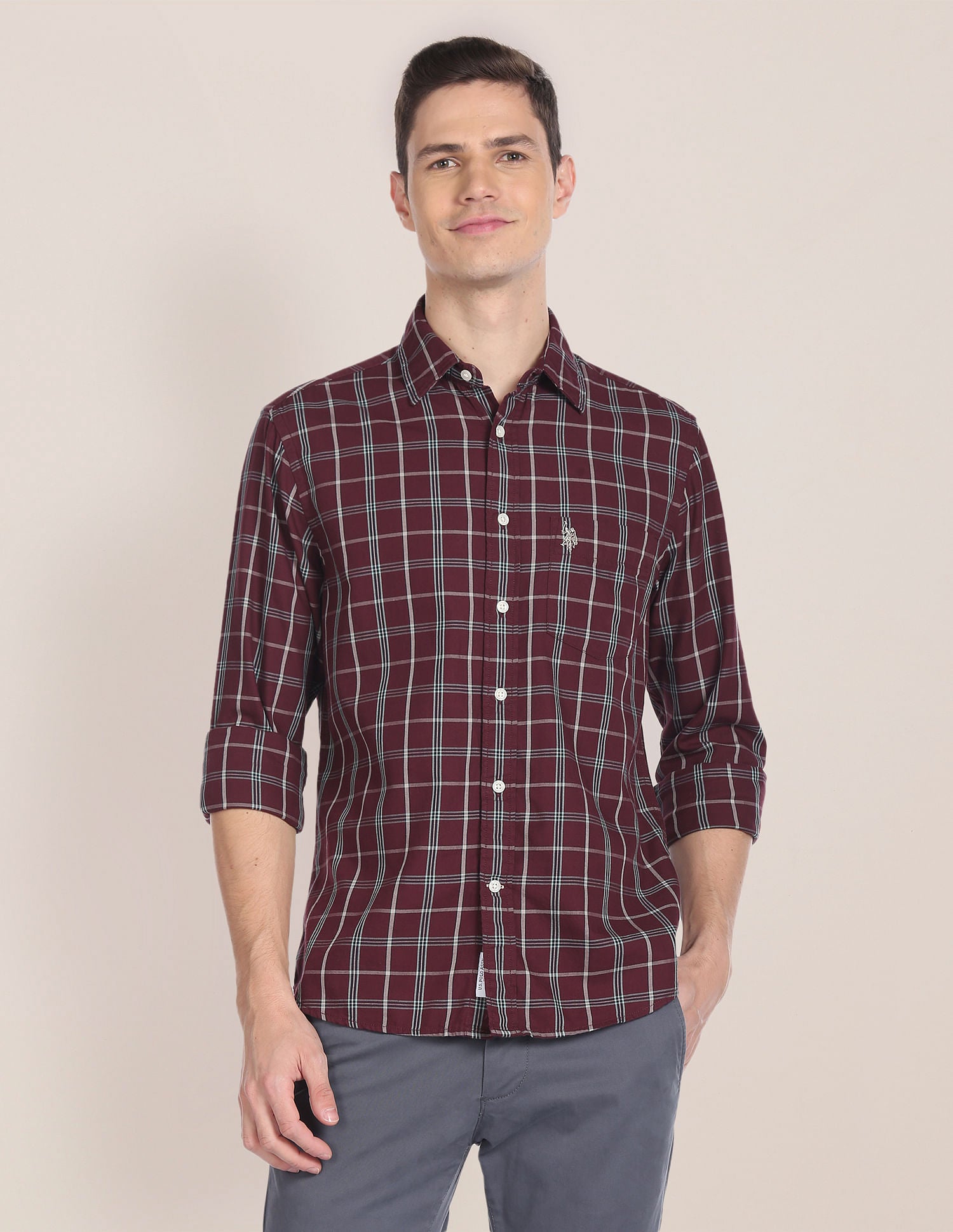 Spread Collar Tartan Check Shirt Maroon - U.S. Polo Assn. India | Large