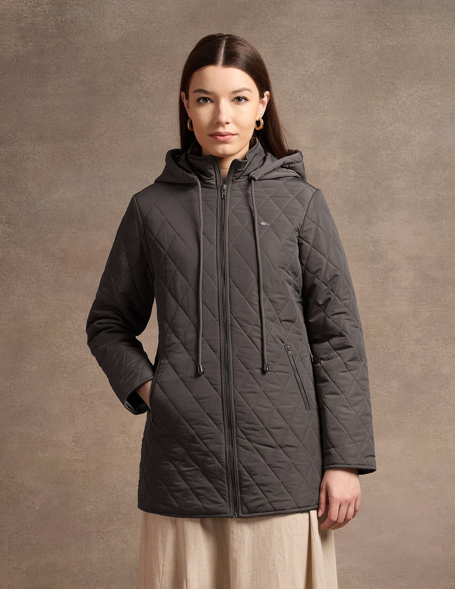 Hooded Longline Quilted Jacket Brown - U.S. POLO ASSN. | Large