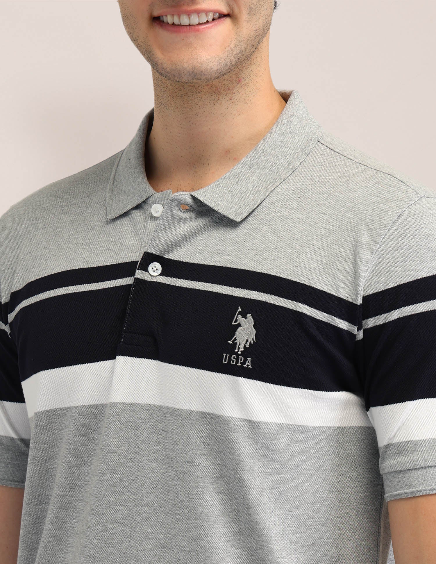 Horizontal Striped Slim Fit Polo Shirt Light Grey - U.S. Polo Assn. India | Large