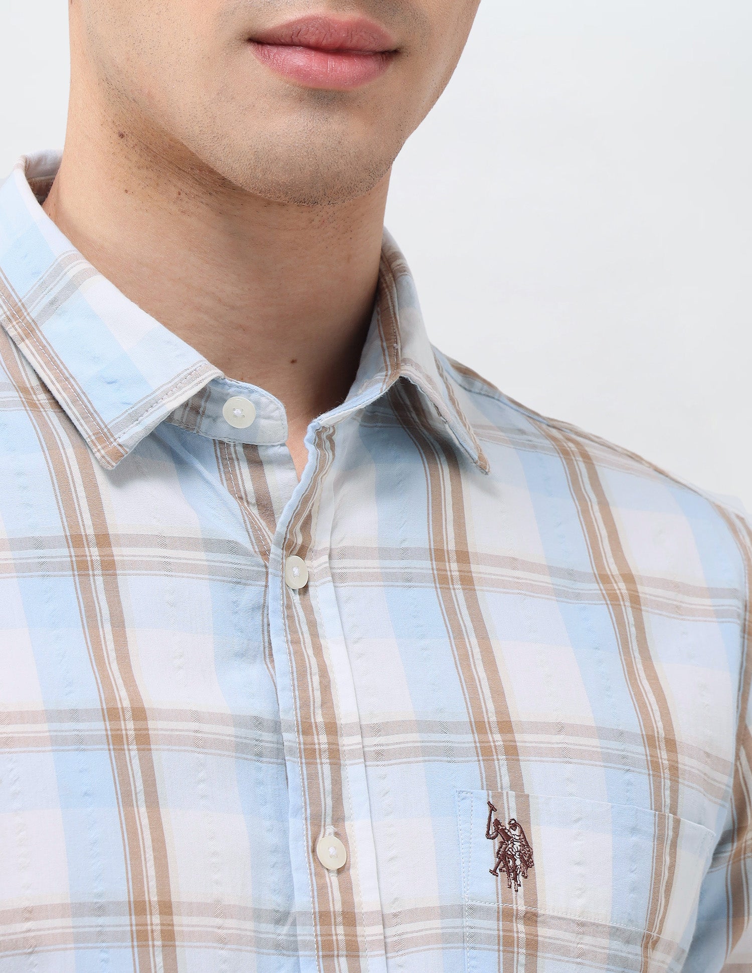 Tartan Checked Seersucker Shirt Light Brown - U.S. Polo Assn. India | Large