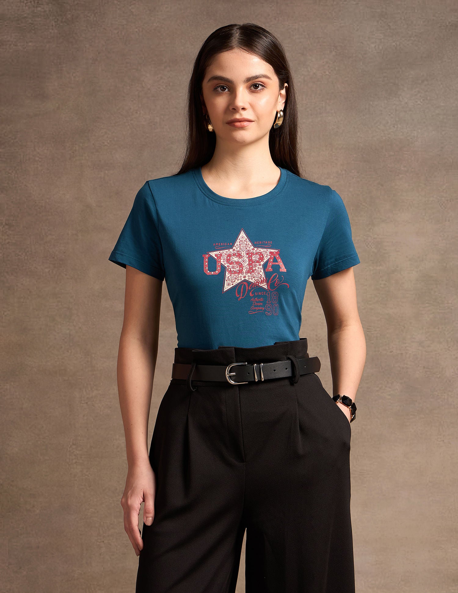 Stud Embellishment Cotton T-Shirt Teal - U.S. POLO ASSN. | Large