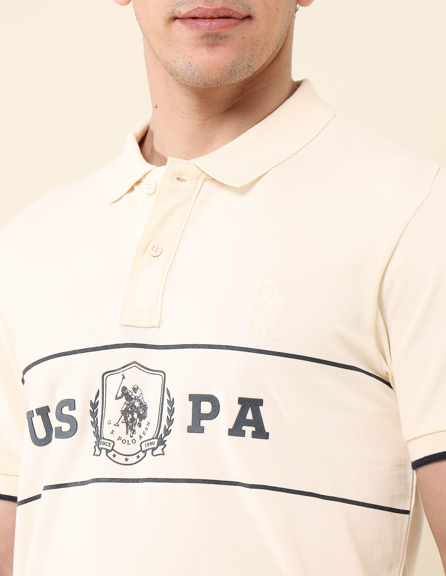 Brand Printed Slim Fit Classic Polo Shirt Beige - U.S. Polo Assn. India | Large