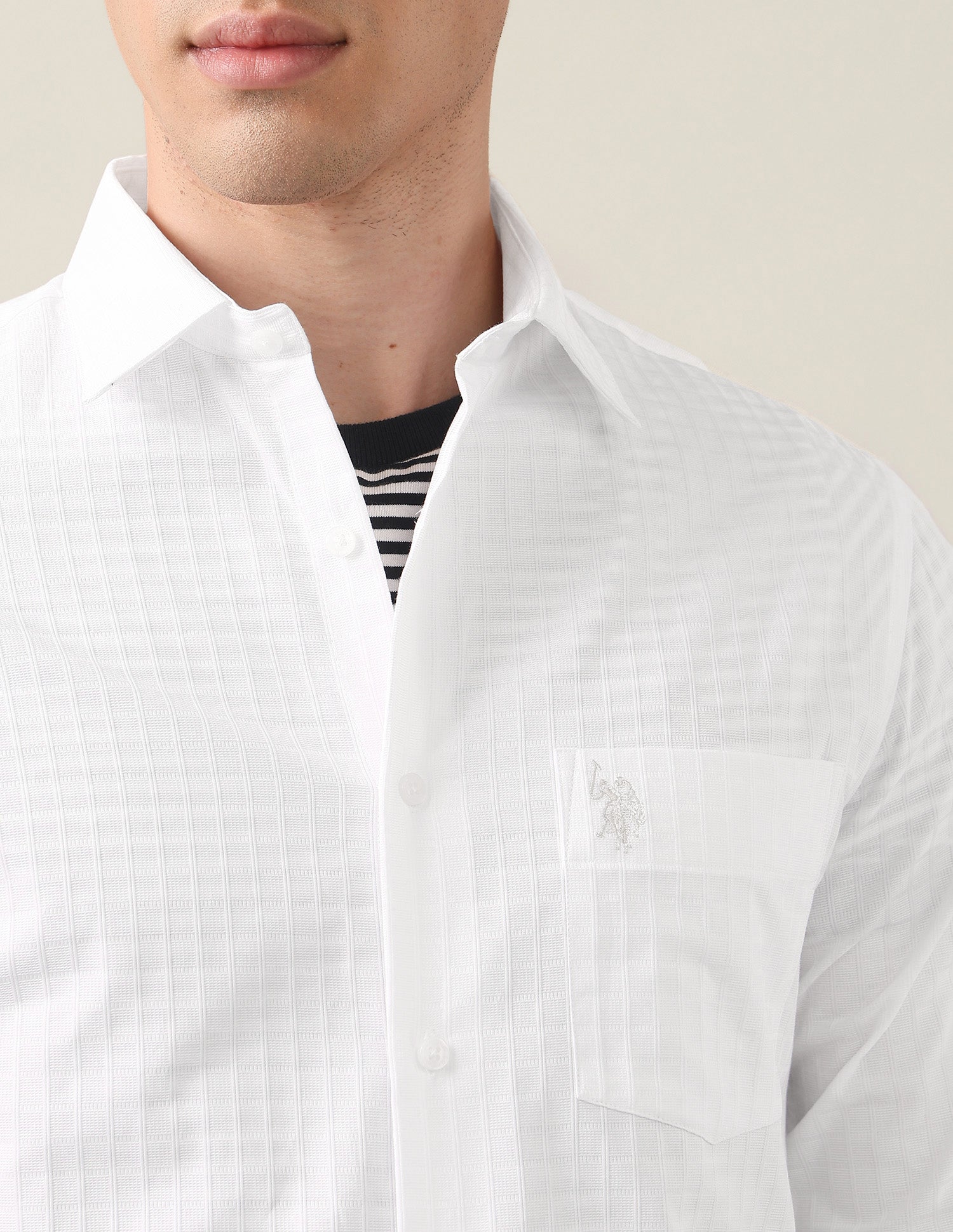 Tailored Fit Grid Tattersall Checked Shirt White - U.S. Polo Assn. India | Large