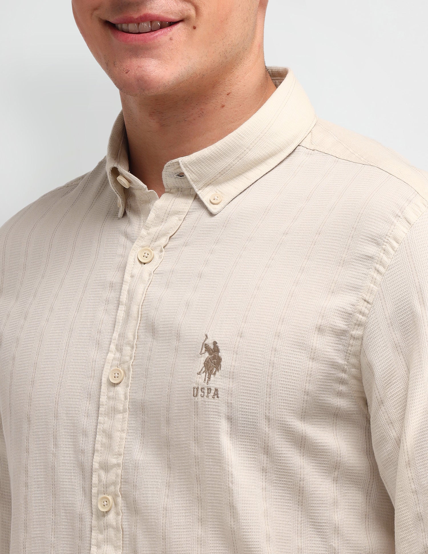 Vertical Striped Slim Fit Shirt Beige - U.S. Polo Assn. India | Large