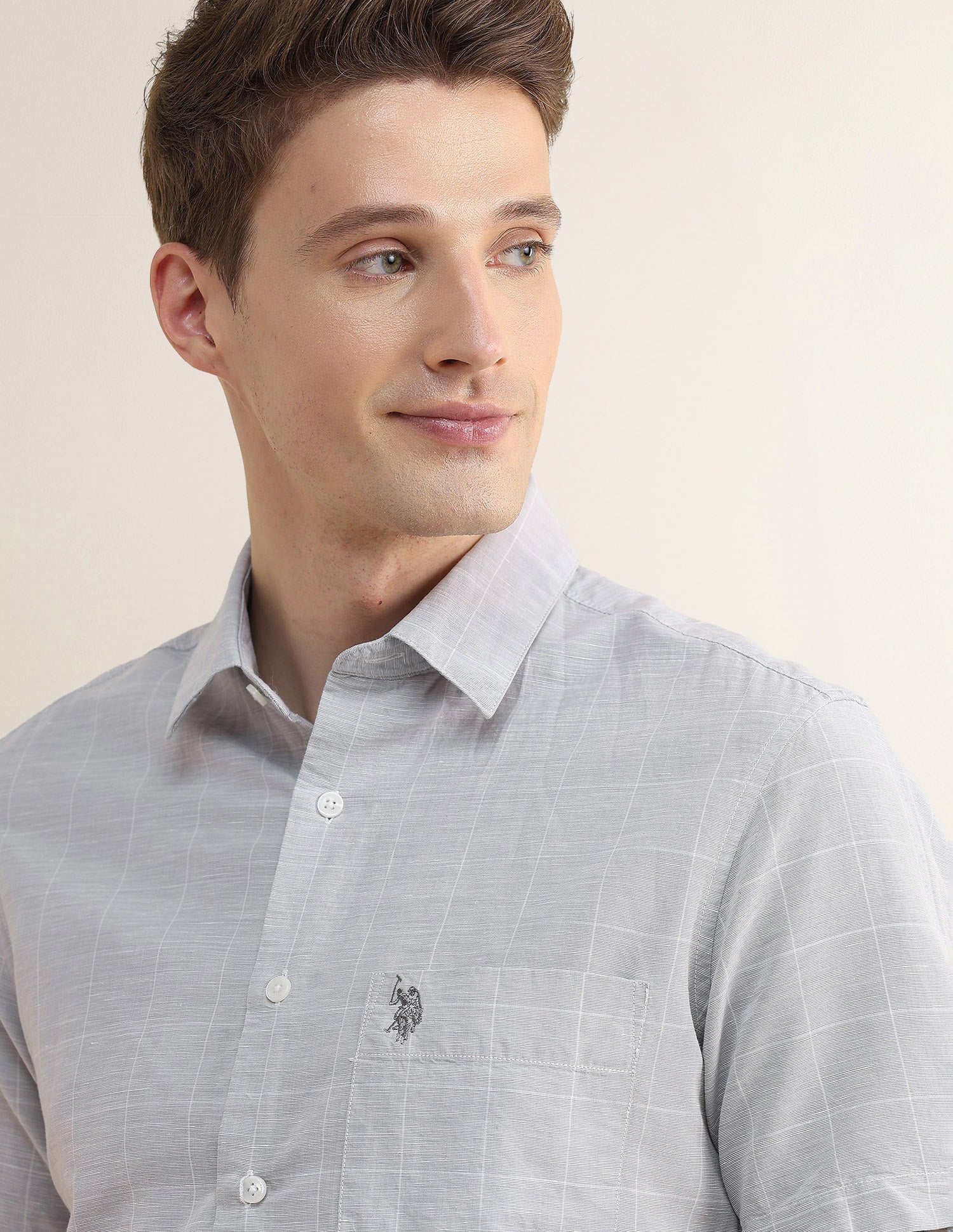 Windowpane Checked Regular Fit Shirt Light Grey - U.S. Polo Assn. India | Large