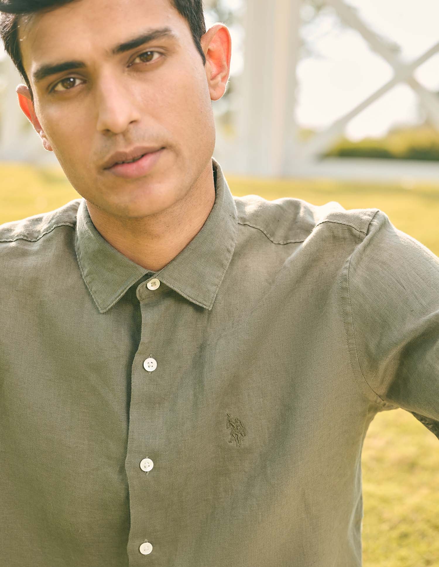 Pacho X Tailored Fit Pure Linen Shirt Olive - U.S. Polo Assn. India | Large