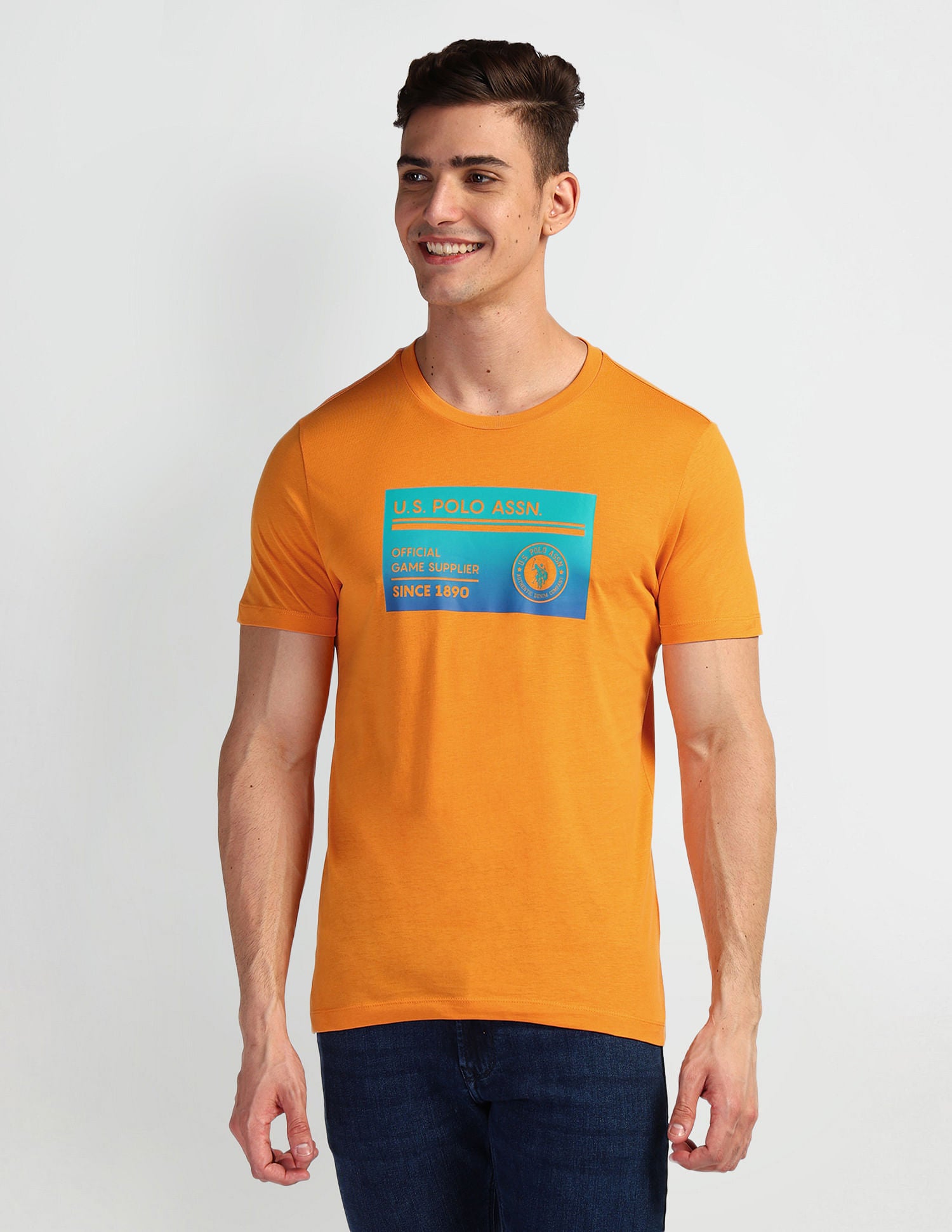 Brand Print Muscle Fit T-Shirt Orange - U.S. Polo Assn. India | Large