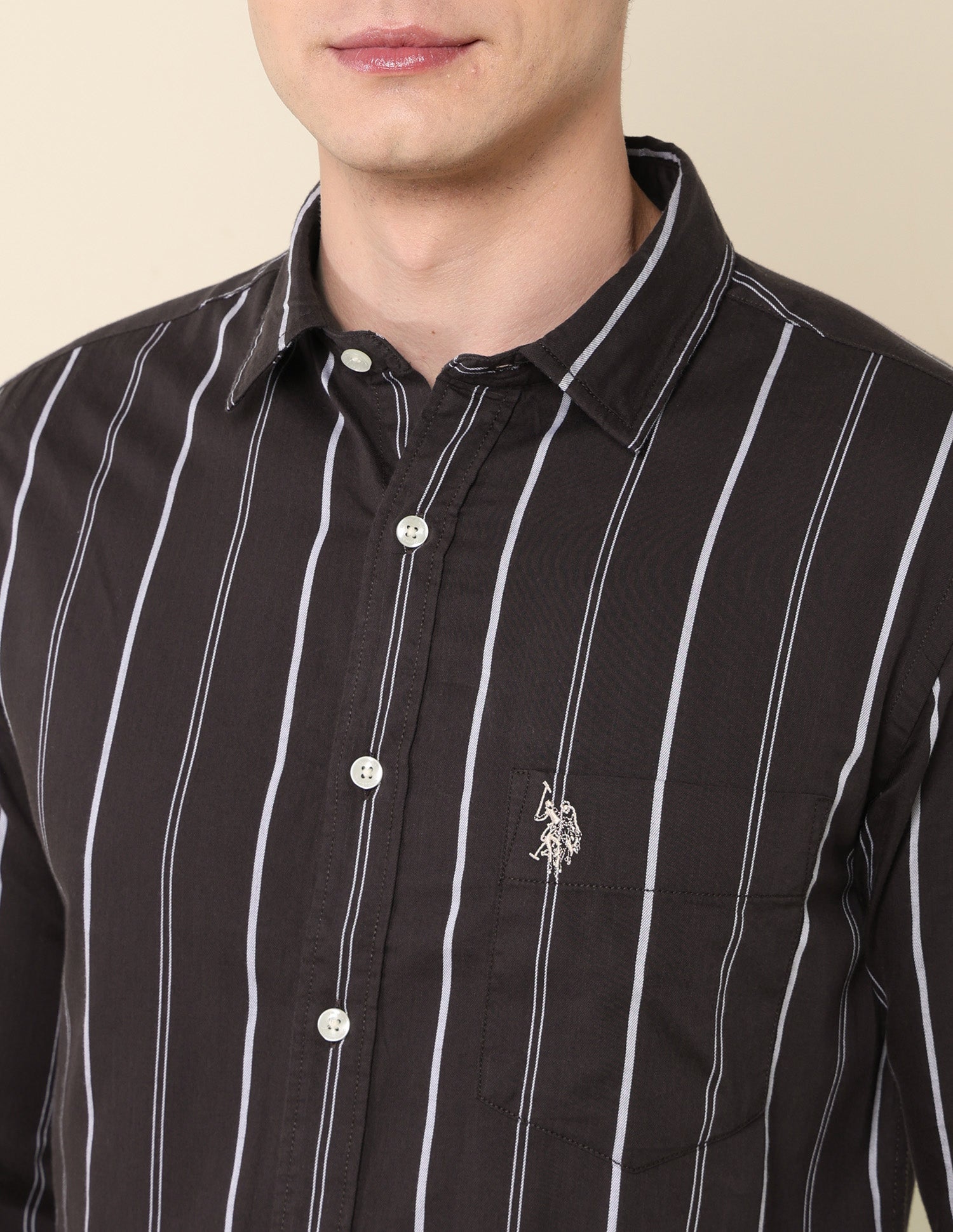 Vertical Striped Pure Cotton Shirt Brown - U.S. Polo Assn. India | Large