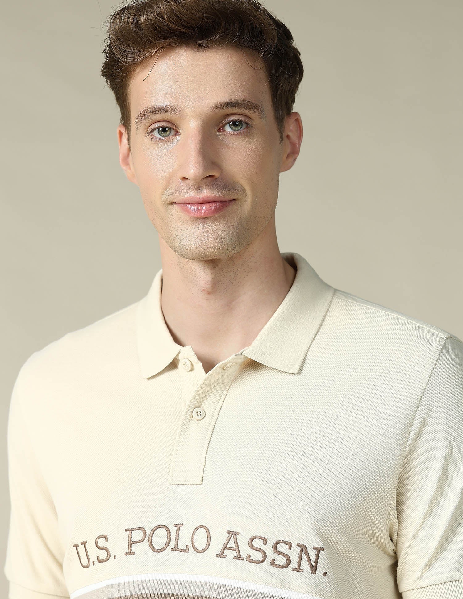 Cut & Sew Brand Embroidered Regular Fit Polo Shirt Cream - U.S. POLO ASSN. | Large