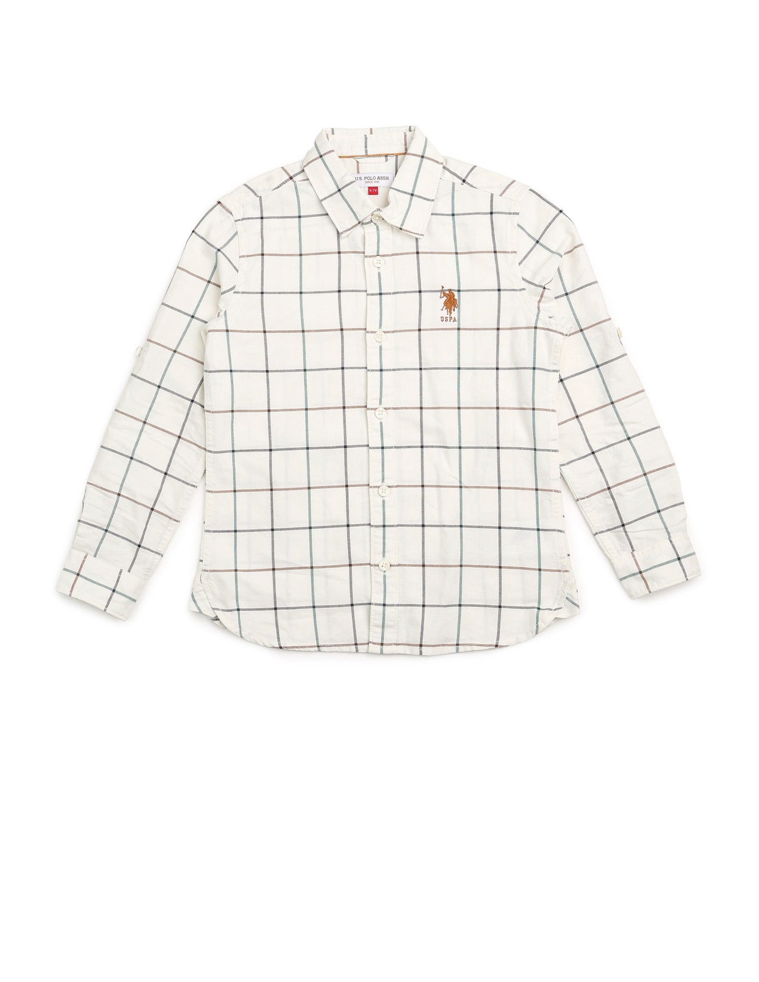 Boys Windowpane Checked Oxford Shirt Beige - U.S. POLO ASSN. | Large