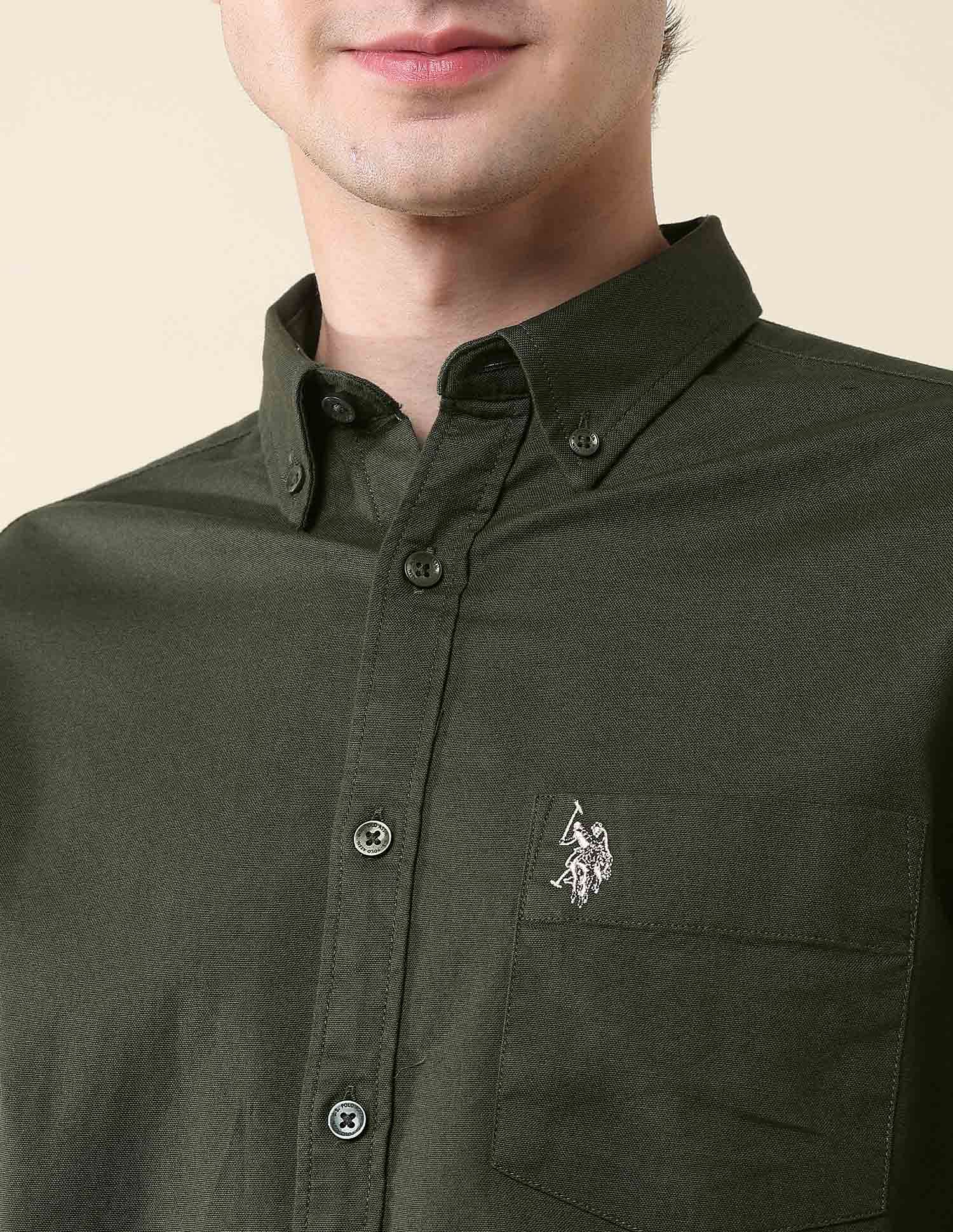 Solid Oxford Stretch Button Down Shirt Dark Green - U.S. Polo Assn. India | Large