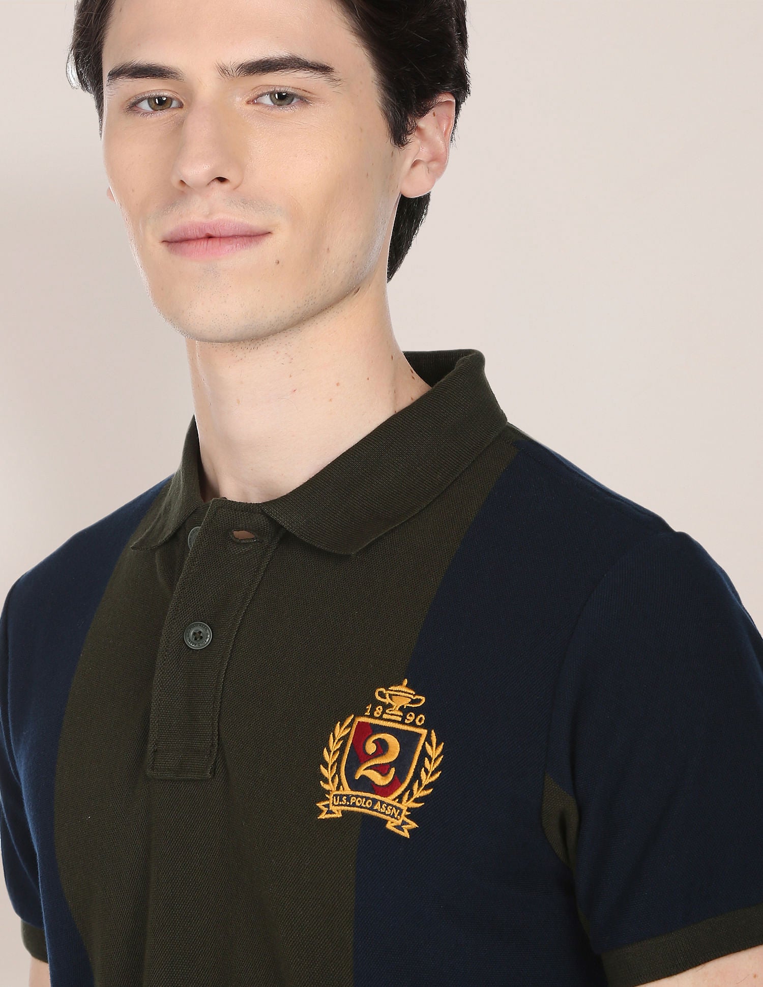 Vertical Stripe Crest Embroidered Polo Shirt Olive and Navy - U.S. Polo Assn. India | Large