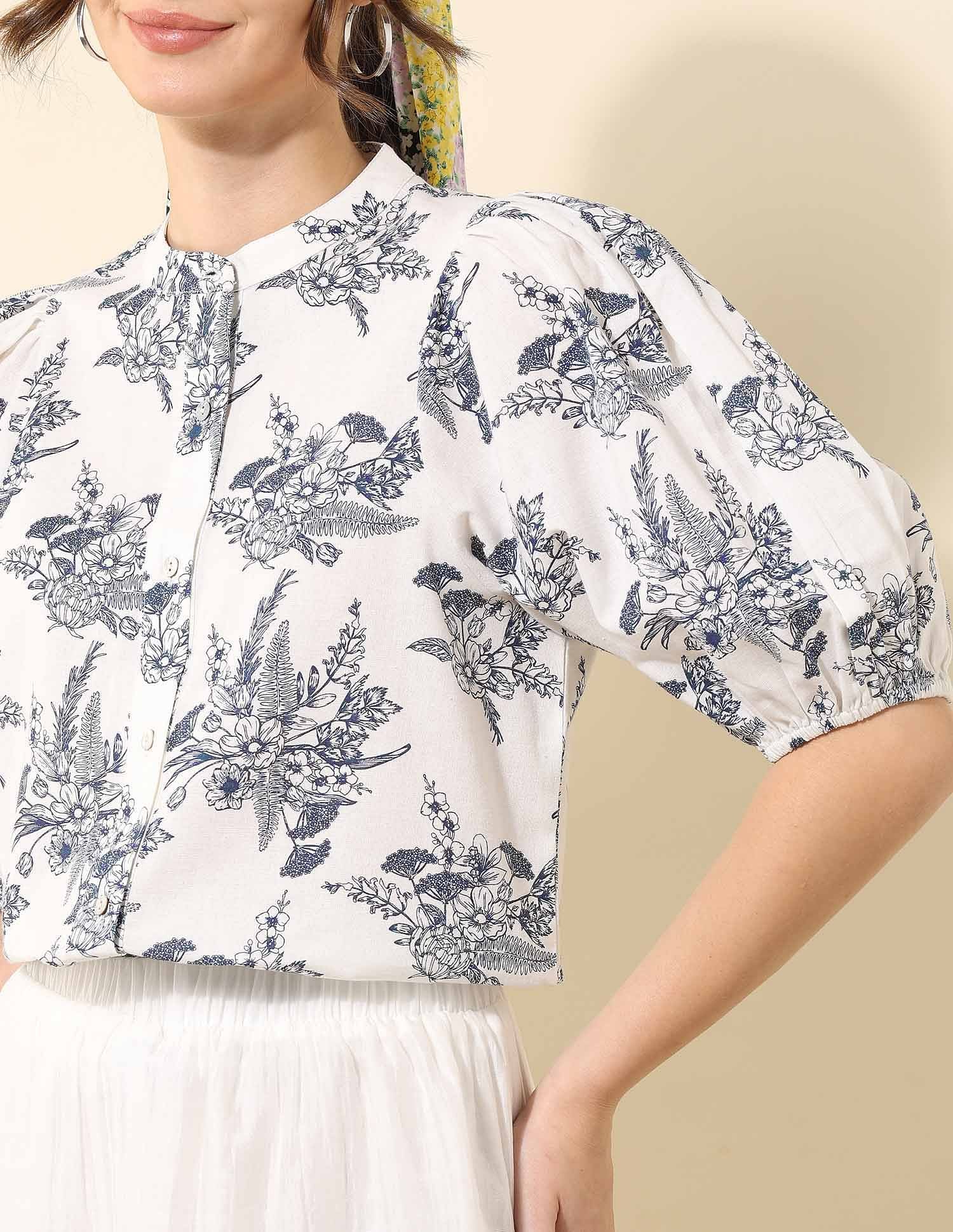 Floral Printed Chiffon Shirt Off White - U.S. Polo Assn. India | Large