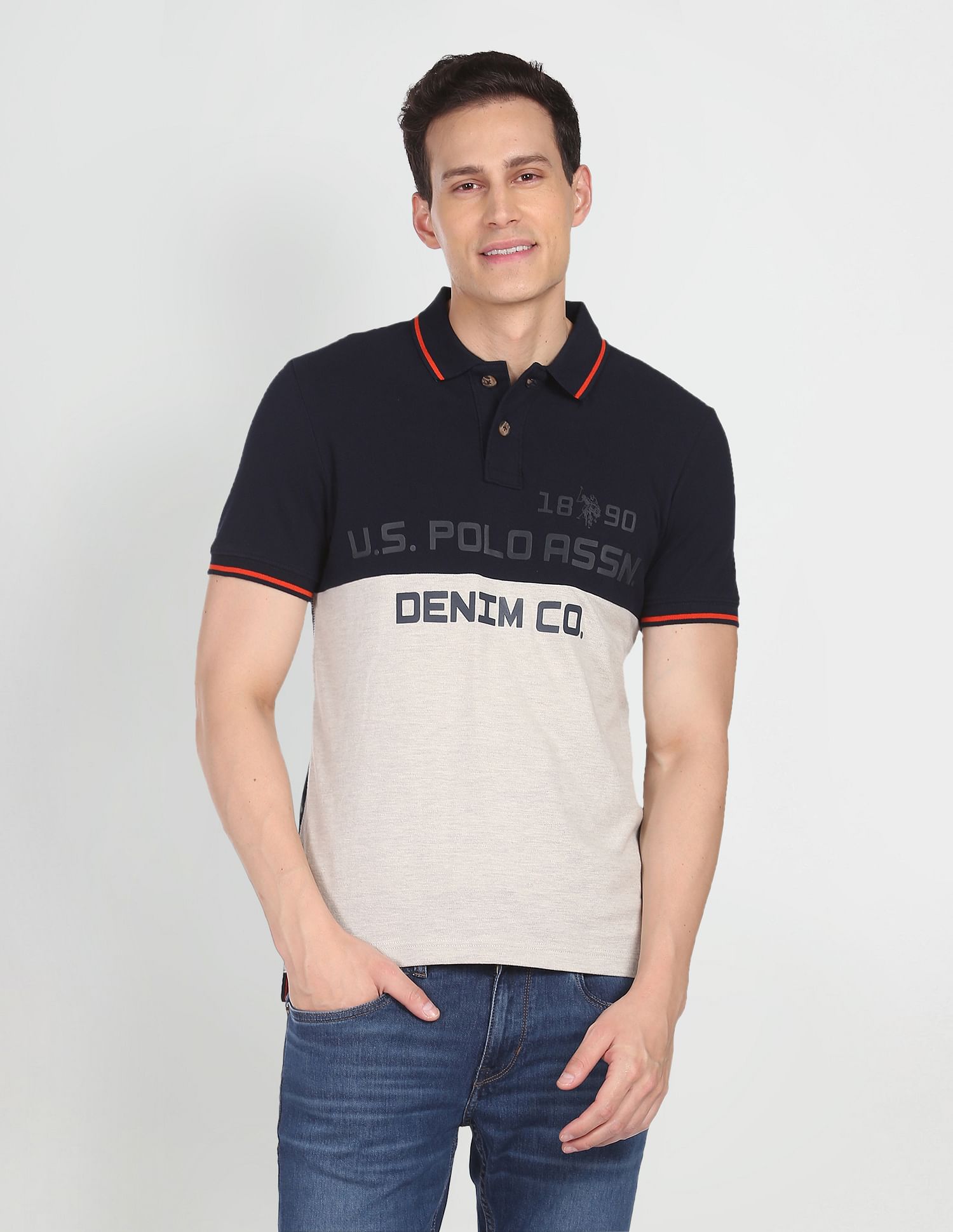 Brand Print Cotton Polo Shirt Navy and Off-White - U.S. Polo Assn. India | Large