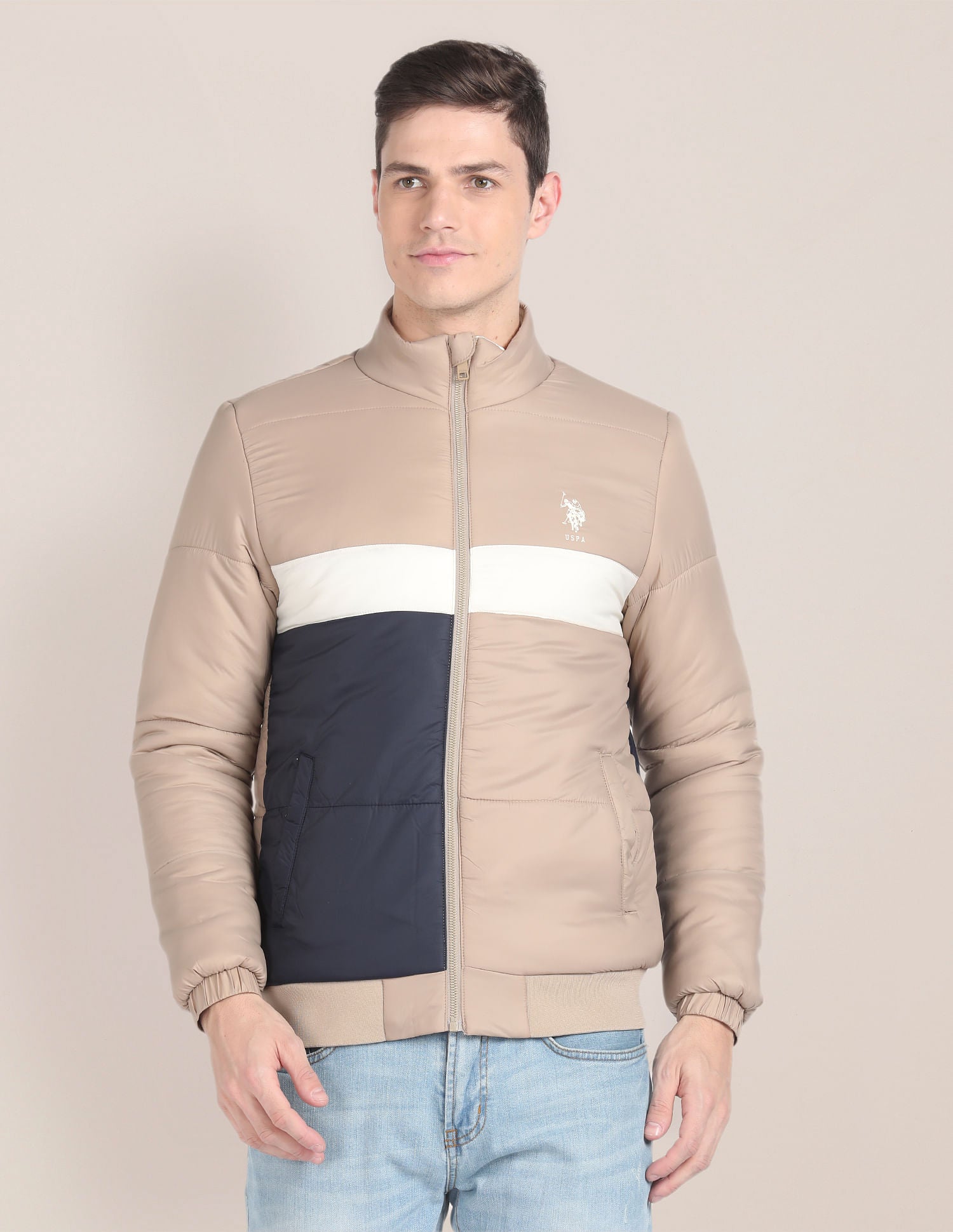 High Neck Colour Block Jacket Beige - U.S. Polo Assn. India | Large