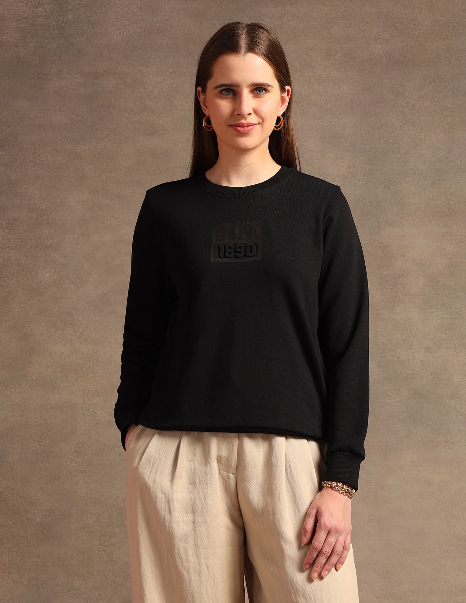 Crew Neck Embossed Logo Sweatshirt Black - U.S. POLO ASSN. | Large