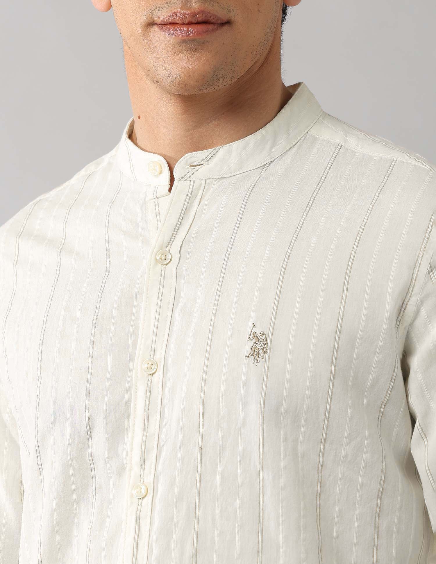 Mandarin Collar Vertical Striped Shirt Off White - U.S. Polo Assn. India | Large