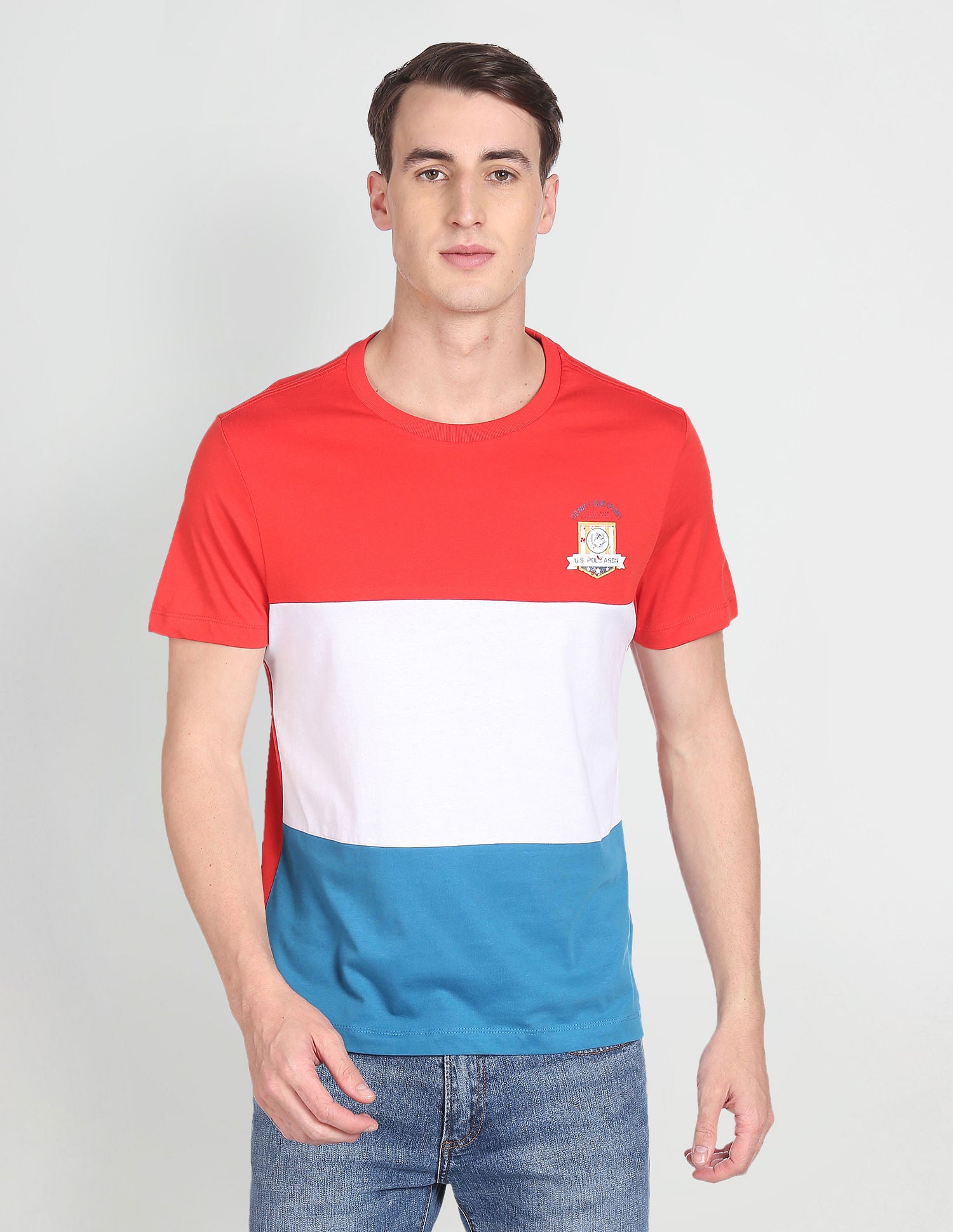 Crew Neck Colour Block Cotton T-Shirt Red, Blue and White - U.S. Polo Assn. India | Large