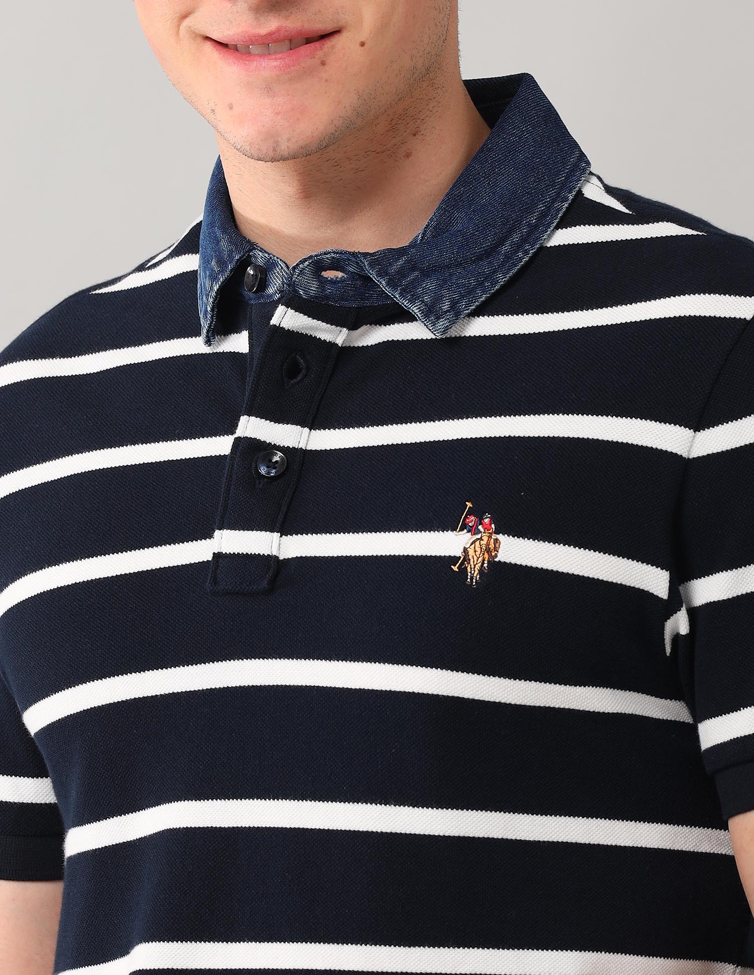 Horizontal Stripes Pure Cotton Polo Shirt Navy - U.S. Polo Assn. India | Large