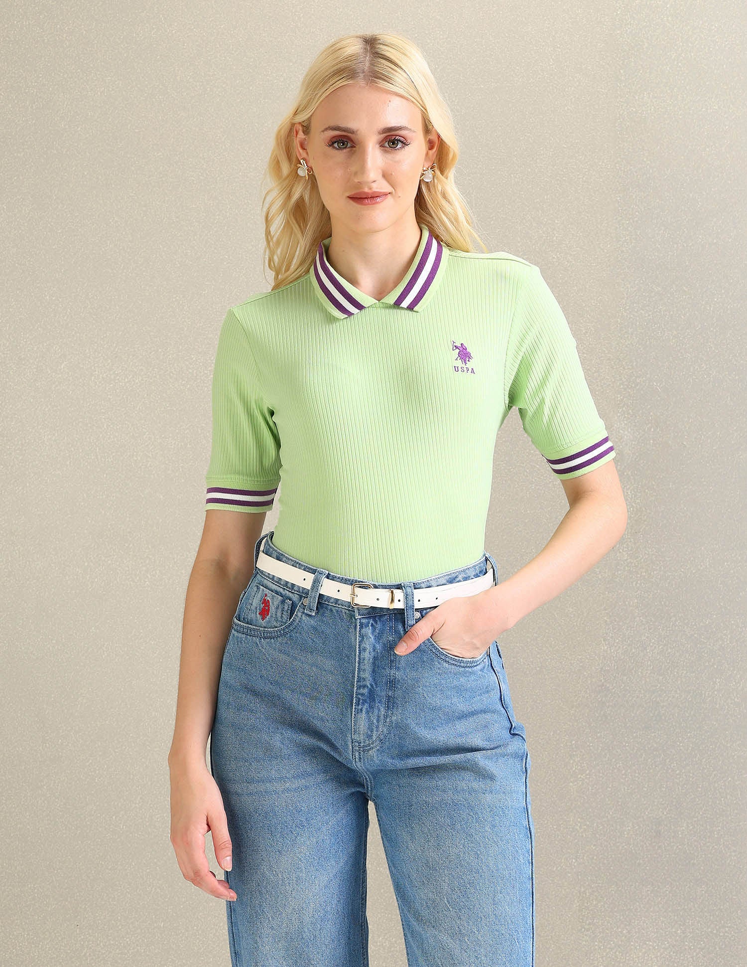 Striped Collar Solid Polo Shirt Light Green - U.S. POLO ASSN. | Large