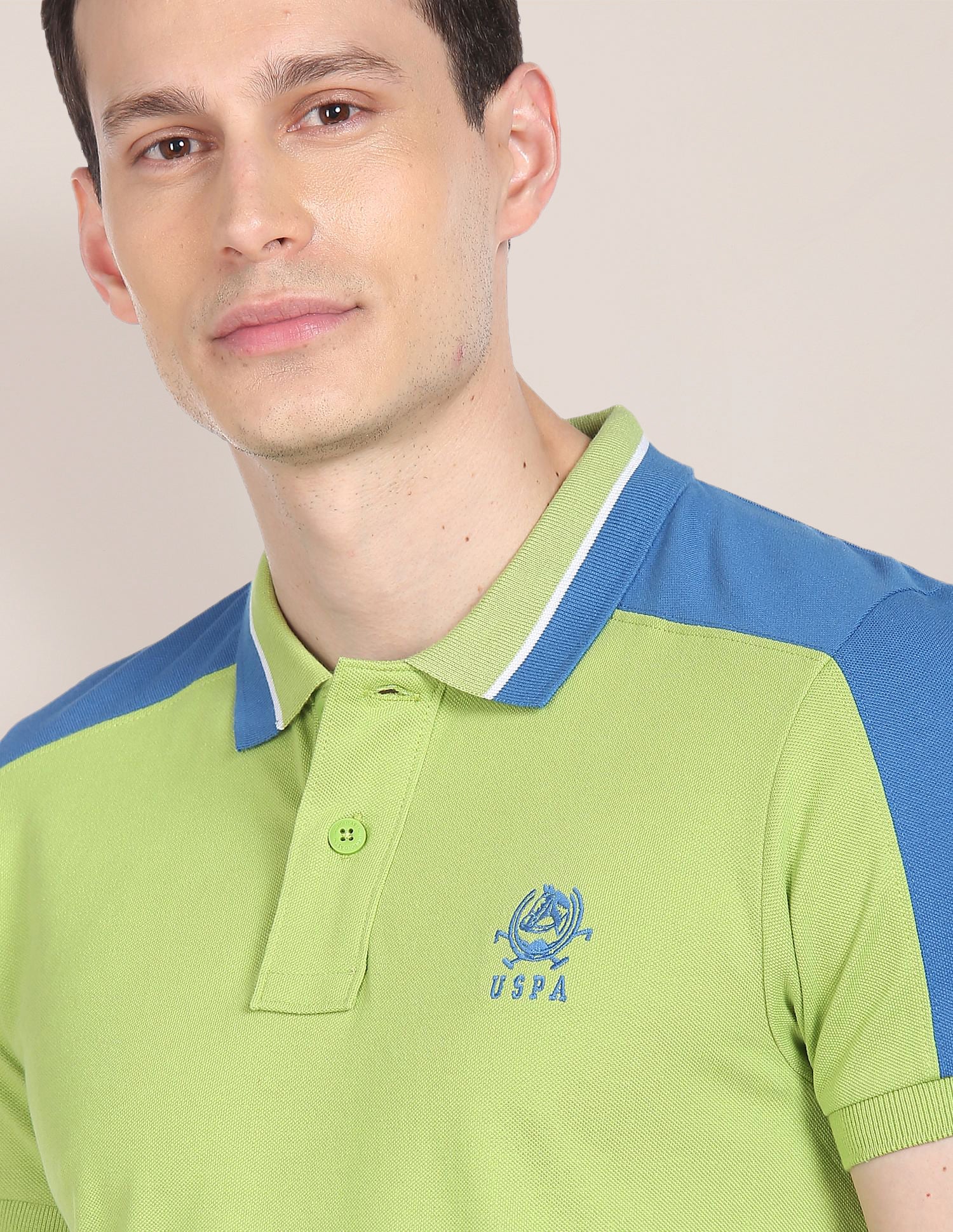 Colour Block Cotton Polo Shirt Light Green and Blue - U.S. POLO ASSN. | Large