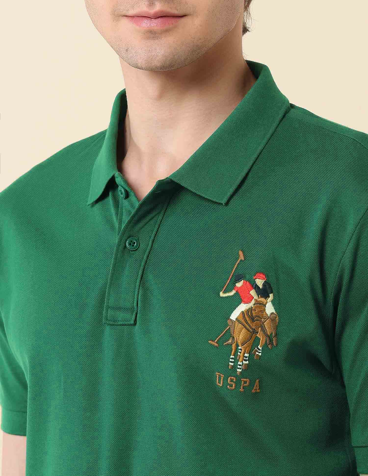 Brand Embroidered Modern Monochrome Polo Shirt Green - U.S. Polo Assn. India | Large