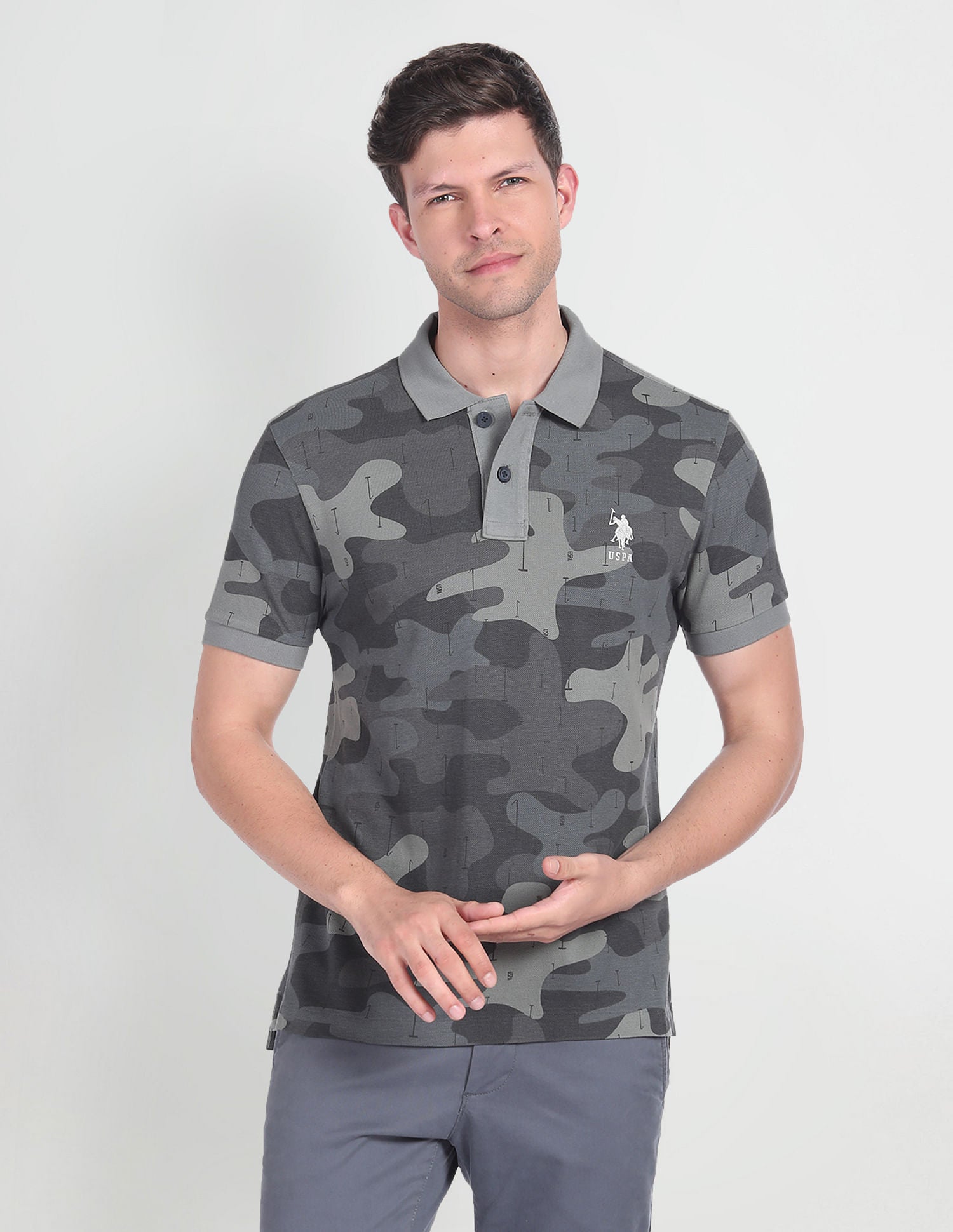 Camouflage Print Cotton Polo Shirt Grey - U.S. Polo Assn. India | Large